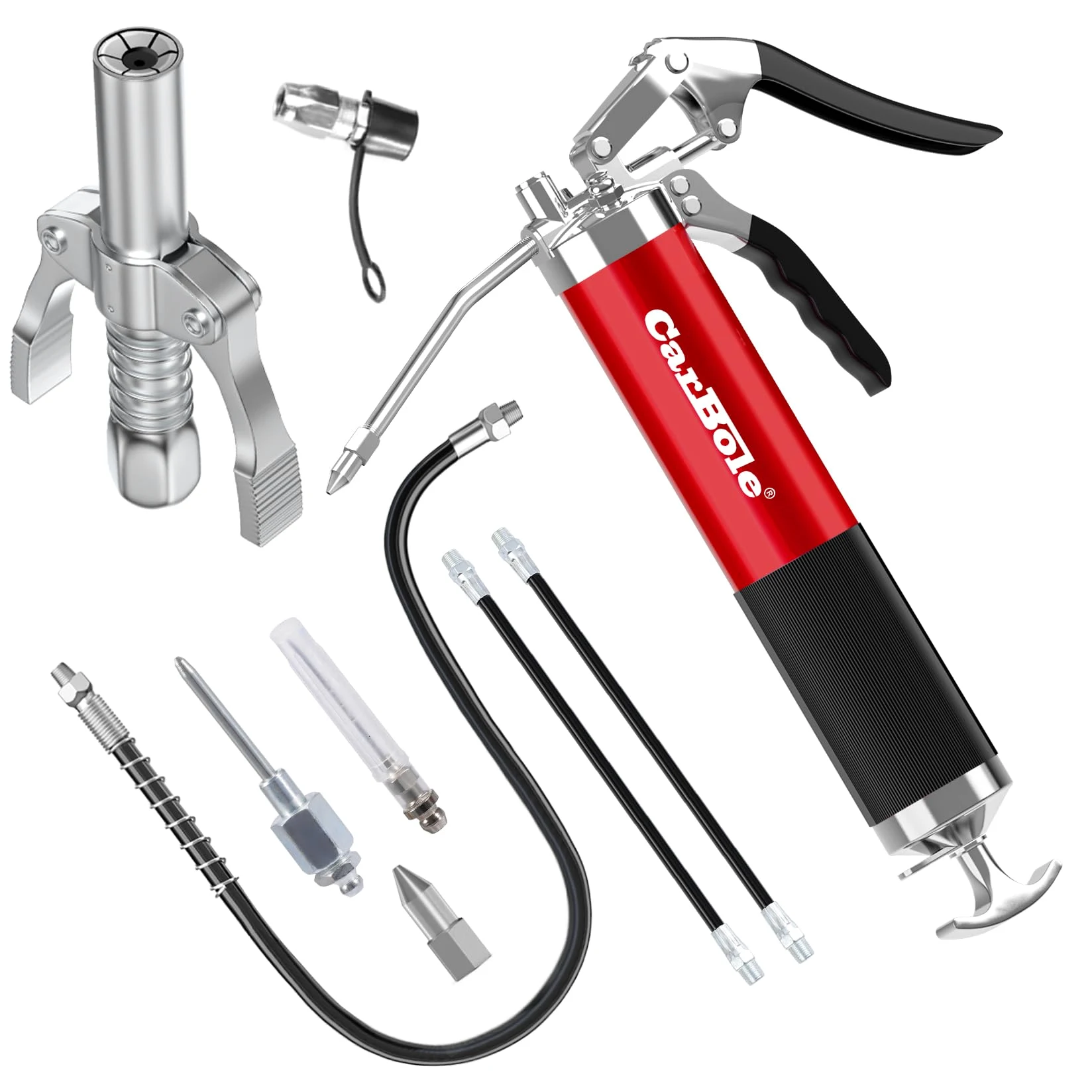 CarBole Pistolas de Engrase 8000PSI con Acoplador,Engrasadora,Bomba de Engrase,3 Mangueras Flexibles y Tubo de Extensión de Metal,Con Seis Tipos de Boquilla,Compatible con Cartucho de Tinta 400cc
