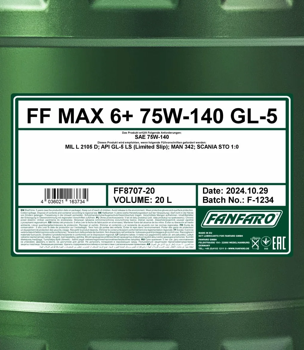 1 X 20L Fanfaro MAX-6+ 75W-140 GL-5 de Deslizamiento Limitado/Transmisión Manual Eje Aceite