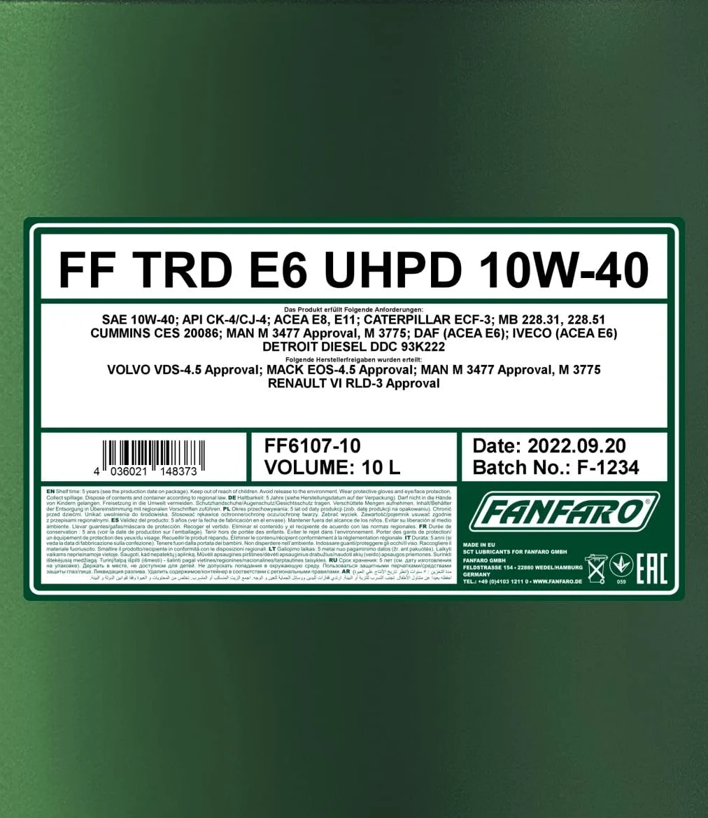 FANFARO Aceite de motor 10W-40 UHPD Aceite sintetico ACEA E6 ACEA E7 ACEA E9 API CK-4 TRD E6 Blue 10L Compatible con MERCEDES-BENZ Clase C T-modell S204 Clase E T-modell S212 Clase C T-modell S205