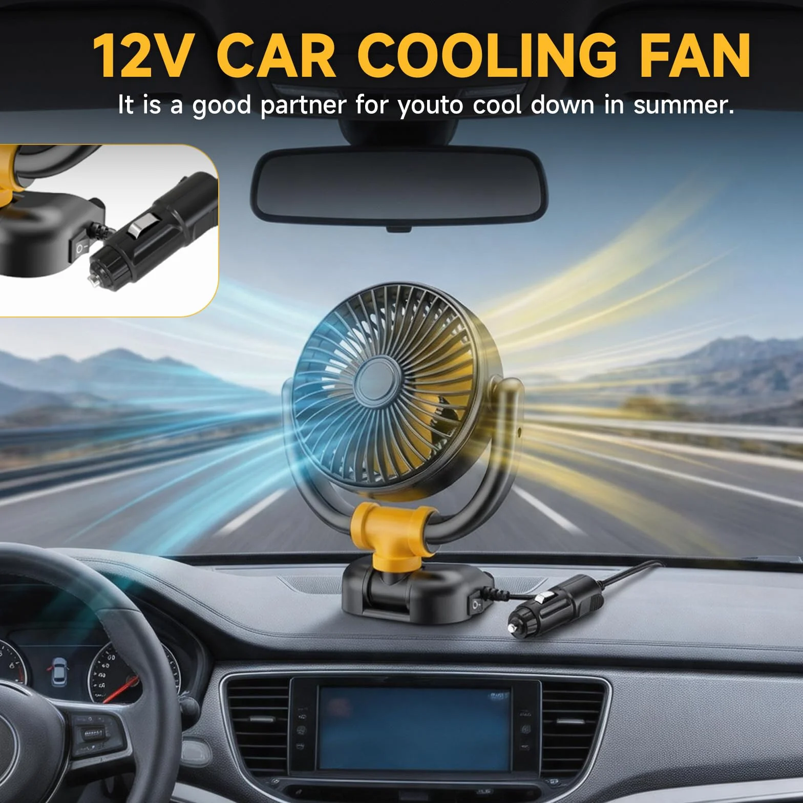 Ventilador Coche, Ventilador 12v Silencioso, Ventilador Coche Mechero, Ventilador Portatil, 360°Giratorio Viento Fuerte, para SUV RV Barco Carro