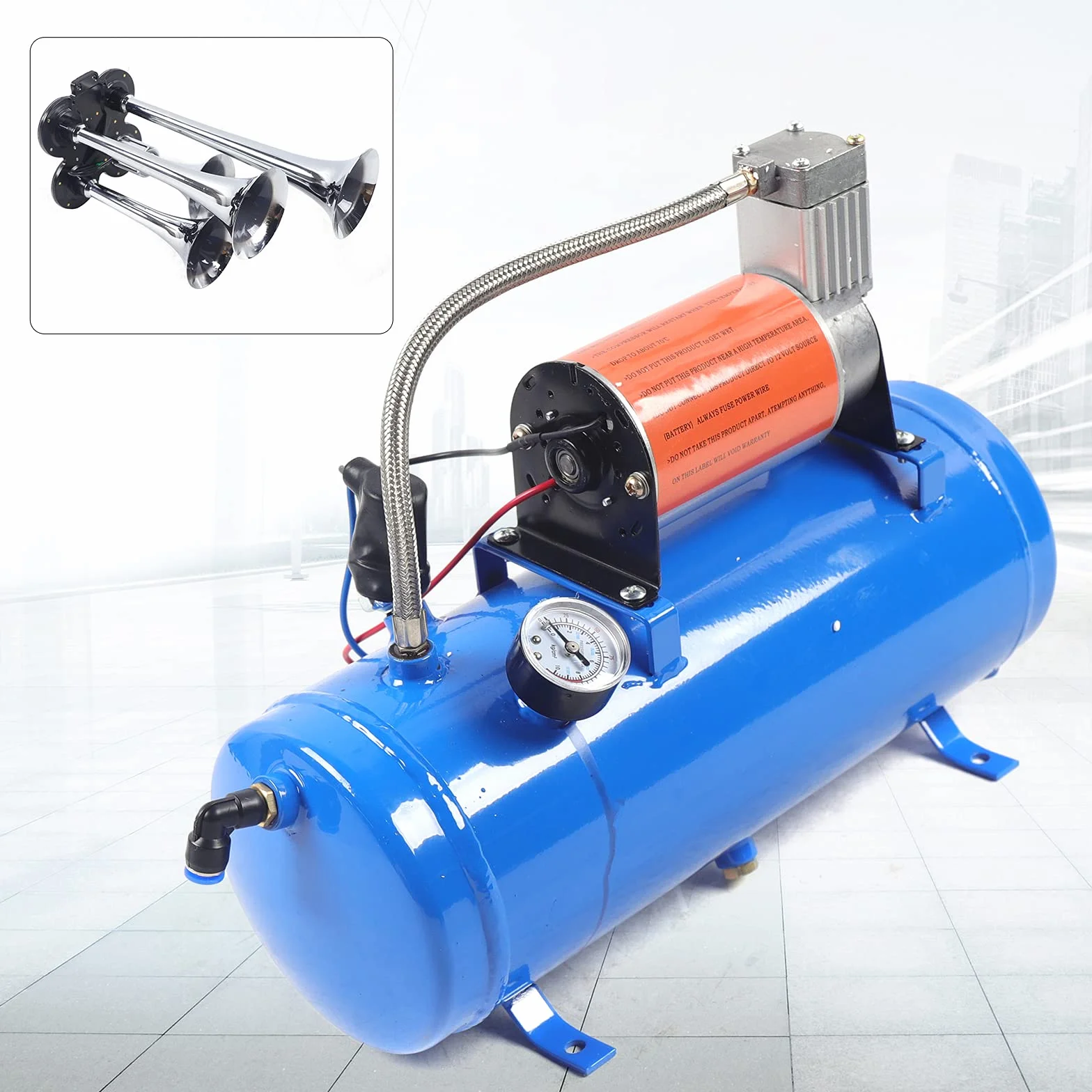 Horn Air Horn Kit 12V 4 Trompeta Portátil Air Compresor de Aire Tren 150dB con 6L para Coches Camiones Barcos Motocicletas