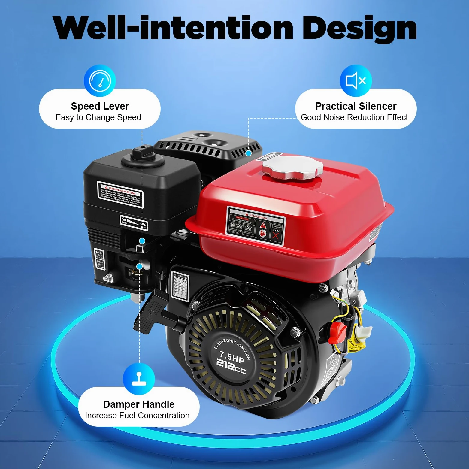 Motor de gasolina de 7,5 CV de 4 tiempos, 212 cm³, motor monocilín con función de alerta de aceite, arranque manual de 4 kW, potencia 3600 rpm, motor de repuesto para bombas de agua