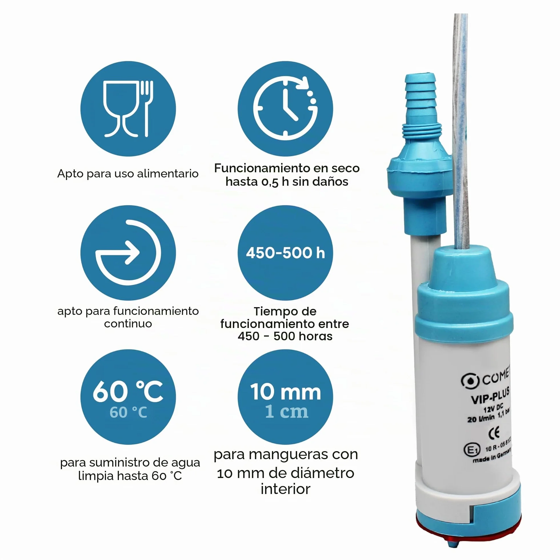 Comet VipPlus - Bomba de agua con válvula antirretorno (fija) + filtro con set de libro electrónico para camping, para autocaravanas, caravanas - bomba sumergible de 12 V