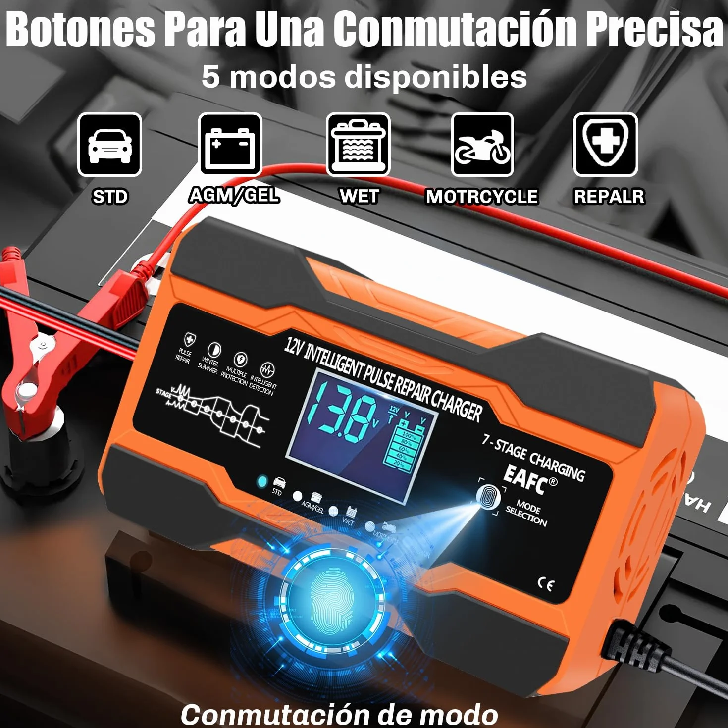 12A Cargador Baterias Coche Inteligente 12V, Mantenedor Bateria Moto para Baterías de Plomo-ácido, STD, AGM, Gel, SLA, Cable de 2m, Control Táctil, Compensación de Temperatura