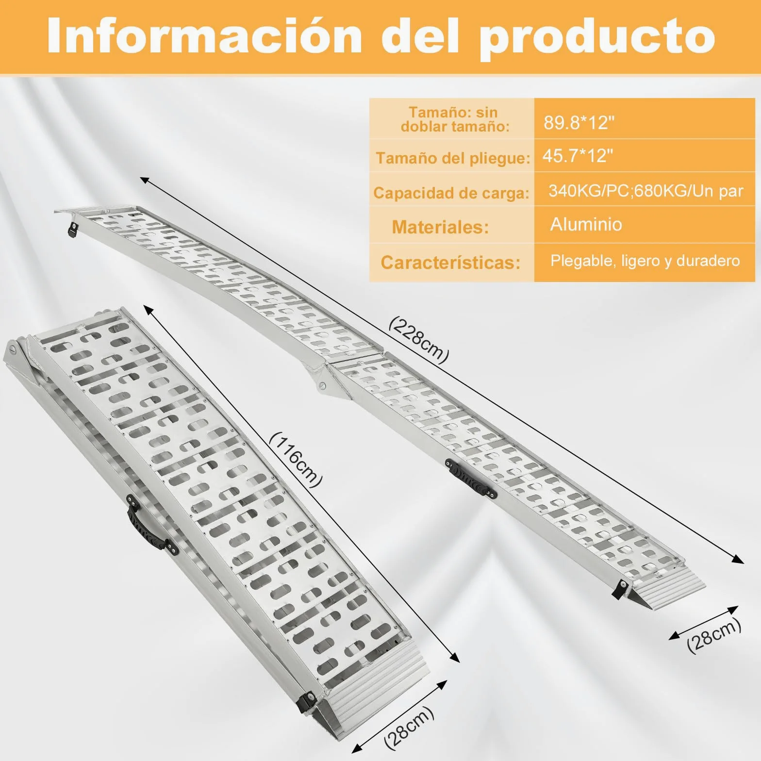 gardhom Rampas de Carga Plegable Duradero Aluminio Rampa Moto 180x28x4.5cm 340kg Rampas para Coches, Bicicletas, Remolques, Cortadoras de Césped, Cillas de Ruedas