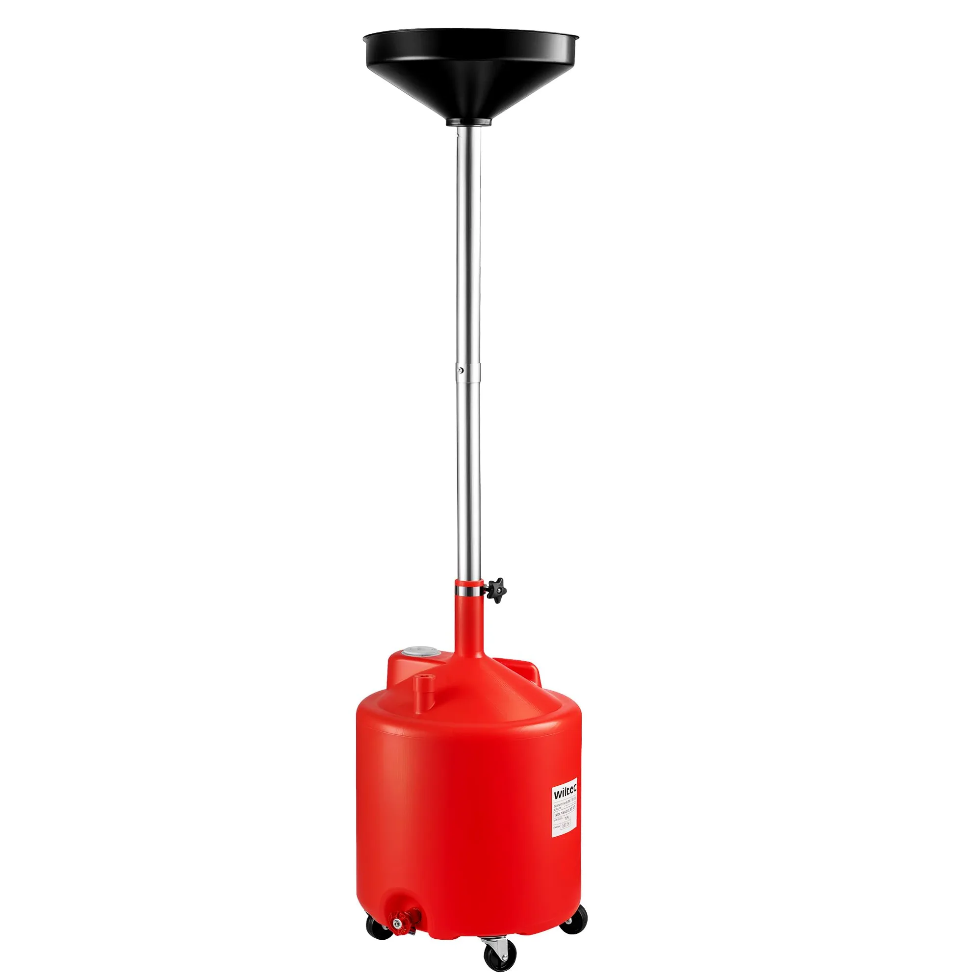 WilTec Recogedor de Aceite 75 l Altura Ajustable 140-185 cm Embudo Amplio 410 mm Resistente Ruedas Asas