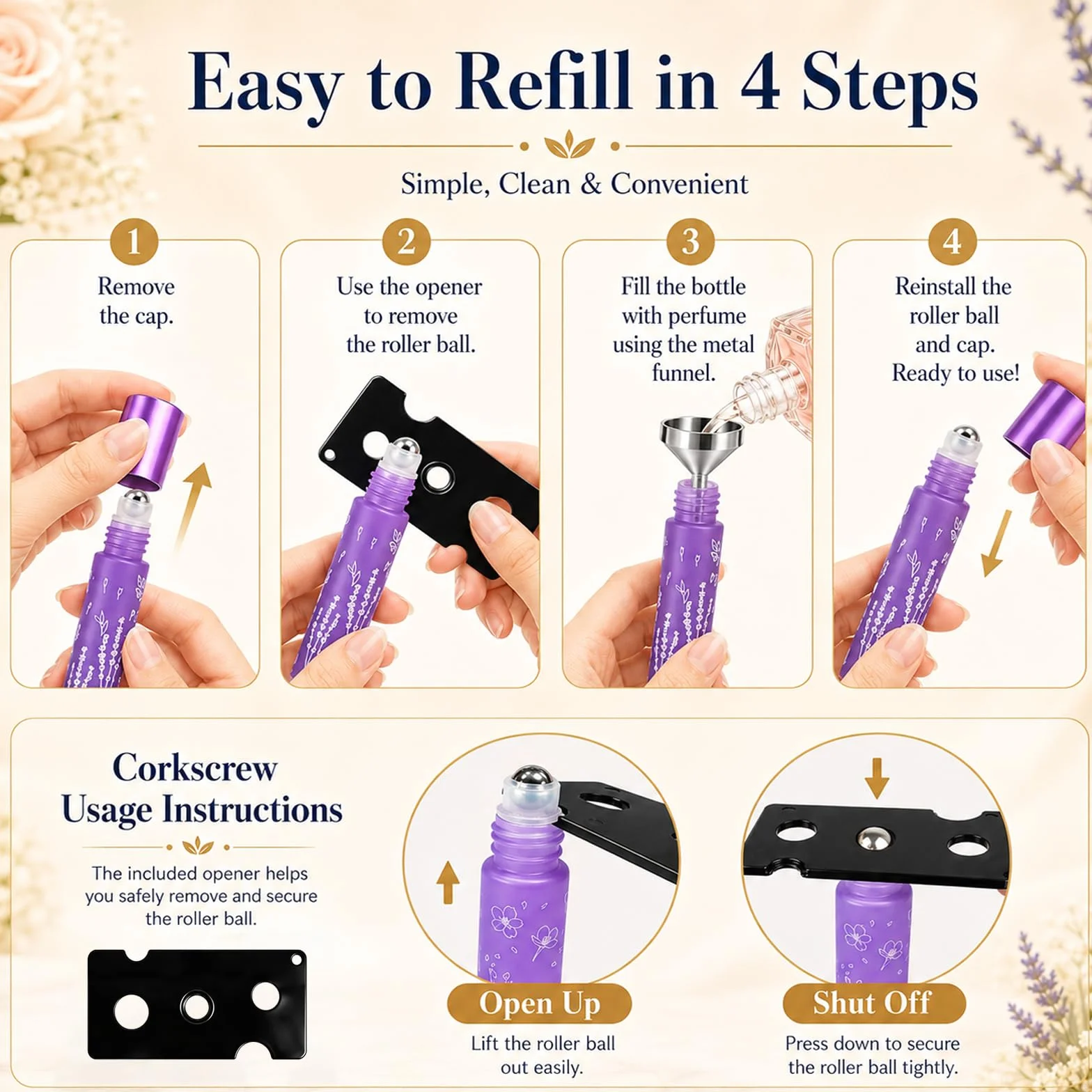 Redamancy 6 Botellas Roll On Rellenables de Cristal 10ml Set de Colores con Embudos y Abridor para Aceites Esenciales