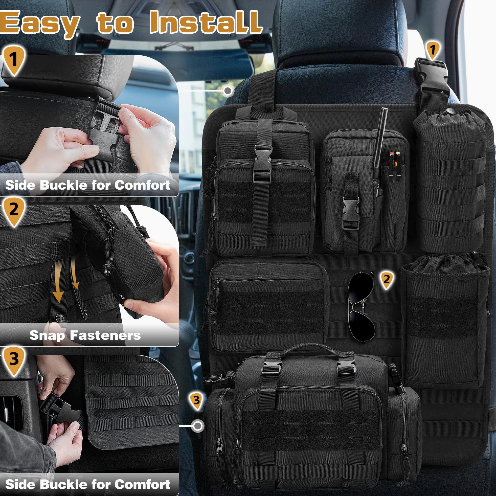 HODRANT Paquete de 6 organizadores tácticos para respaldo de asiento de coche, bolsa de almacenamiento universal para panel de vehículo con 6 bolsas Molle desmontables para camión, camioneta, SUV,