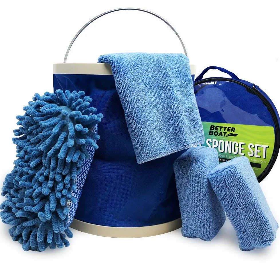 Esponjas limpiadoras de Barcos y Lavado de Coche, Cubo de Esponja de Microfibra antiarañazos y paños de Microfibra completos para Asientos Interiores y Exteriores, Kit de Limpieza de Casco de Barco y