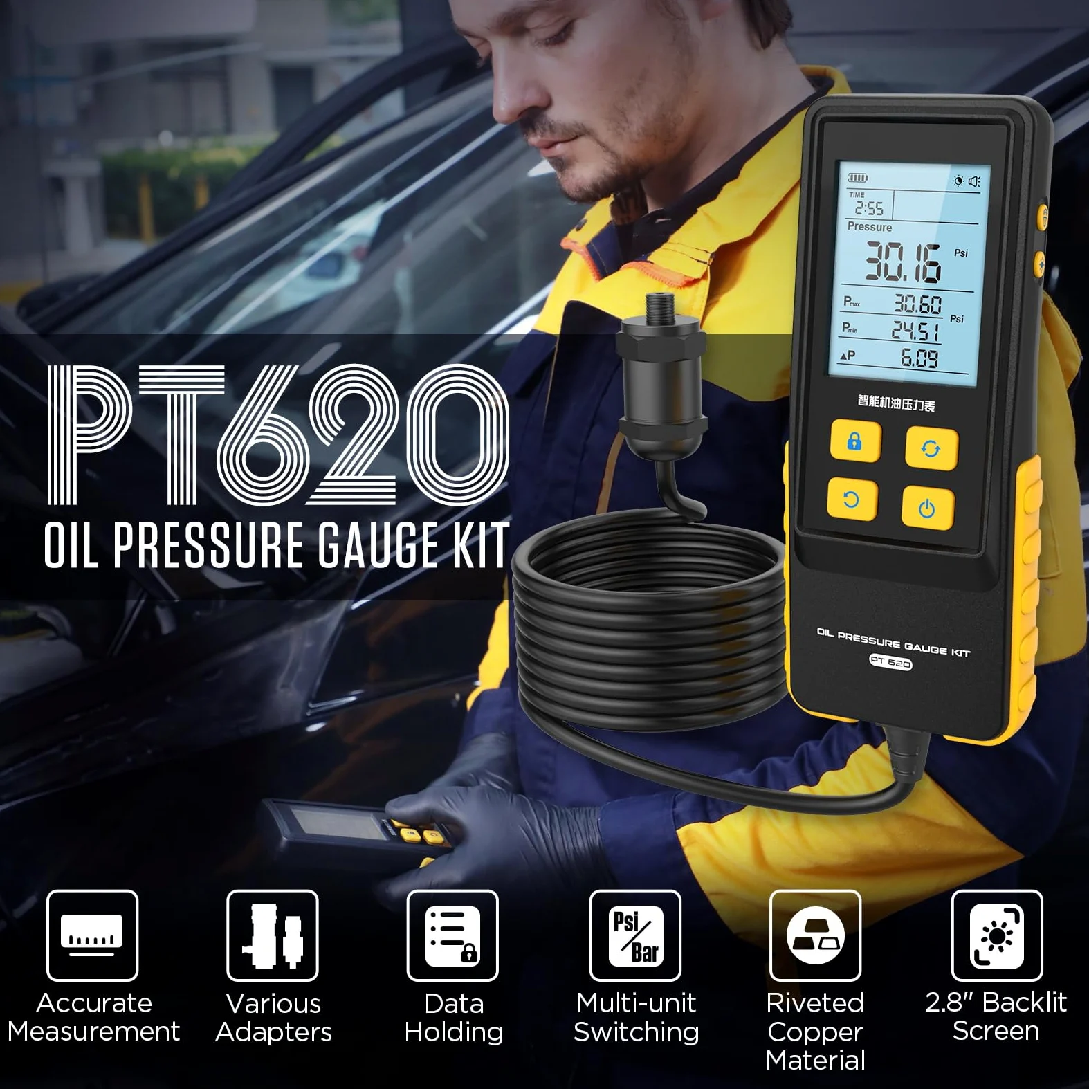 PT620 - Kit digital de medidor de presión de aceite, probador de diagnóstico de motor de 0-426.6 PSI con pantalla LCD retroiluminada de 2.8 pulgadas, conmutación multiunidad, 17 adaptadores de