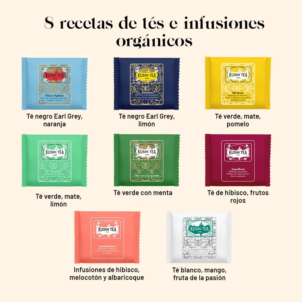Kusmi Tea Cesta de Té Orgánico Regalo 8 Sabores 24 Bolsitas Verde Negro Infusión Detox
