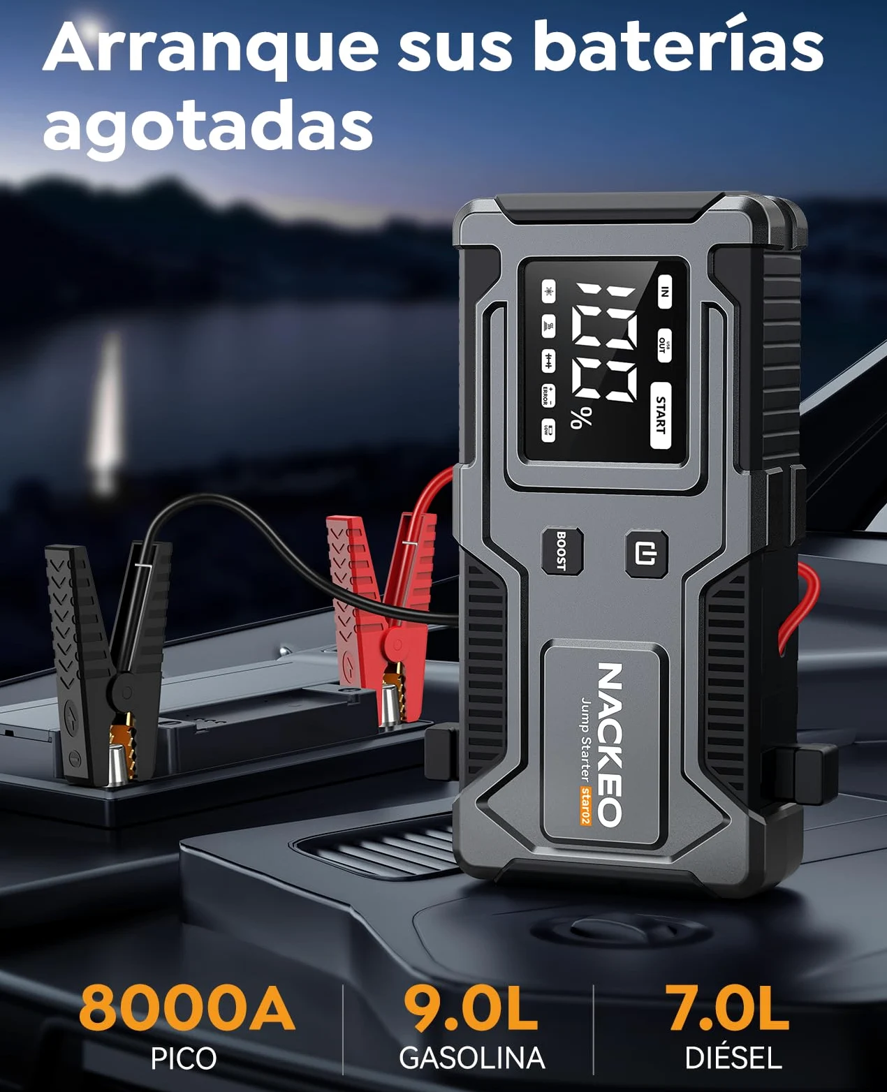 Arrancador de Coches 8000A 12V Jump Starter con Cables Integrados Linterna LED
