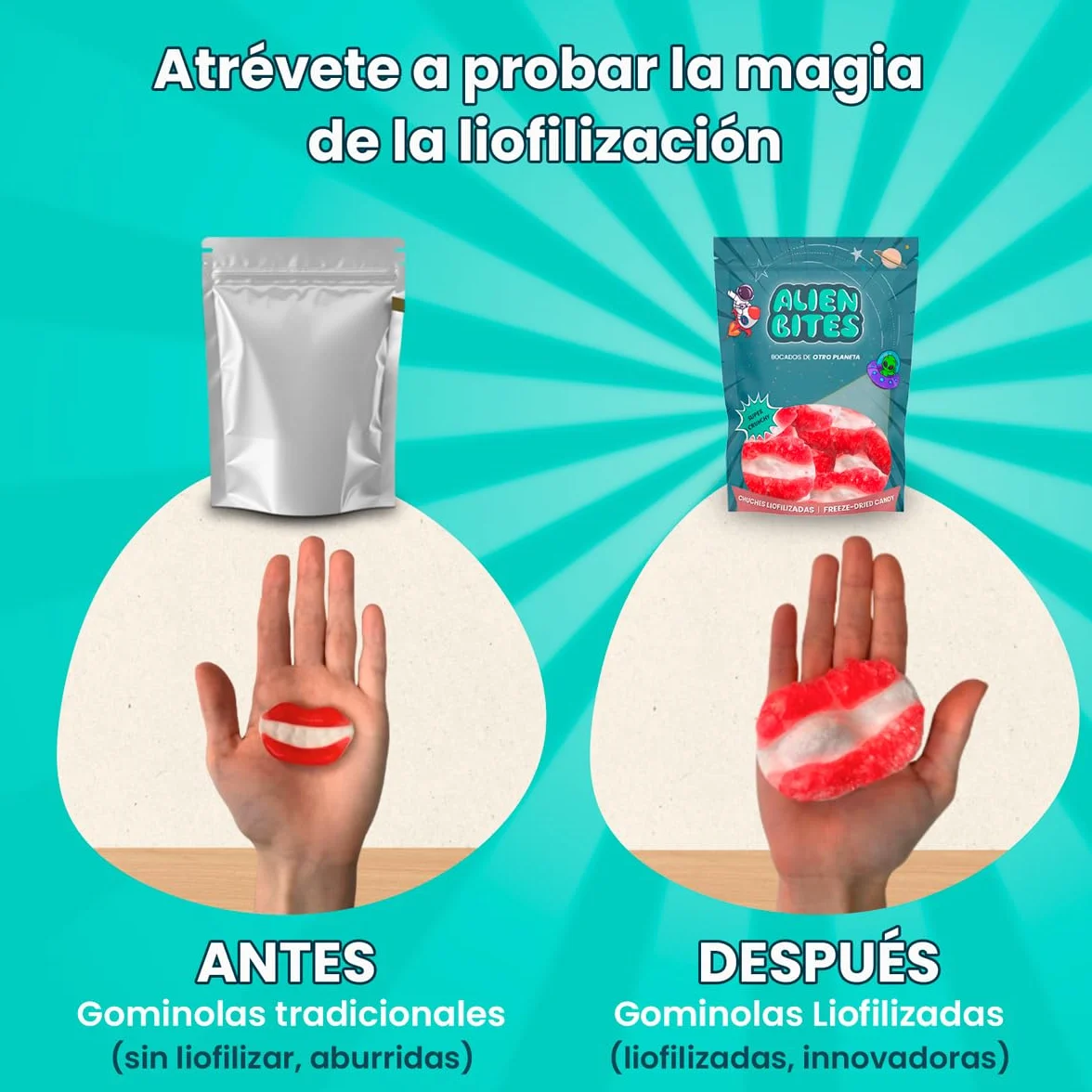 Alien Bites Pack de 4 Bolsas de 50g Chuches Liofilizadas Gominolas Freeze Dried Sin gluten