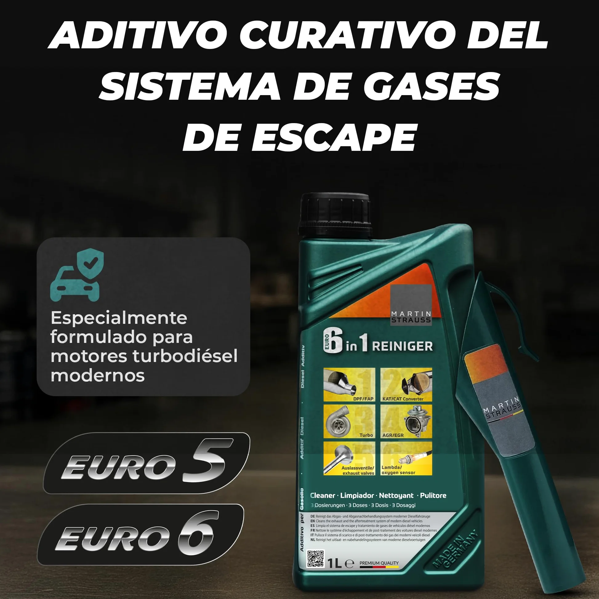 MARTIN STRAUSS Limpiador Diesel Euro 6 en 1. Descarboniza el sistema de escape: Válvula EGR, Turbo, Cat, DPF, Lambda. 1 Litro, 3 Dosis