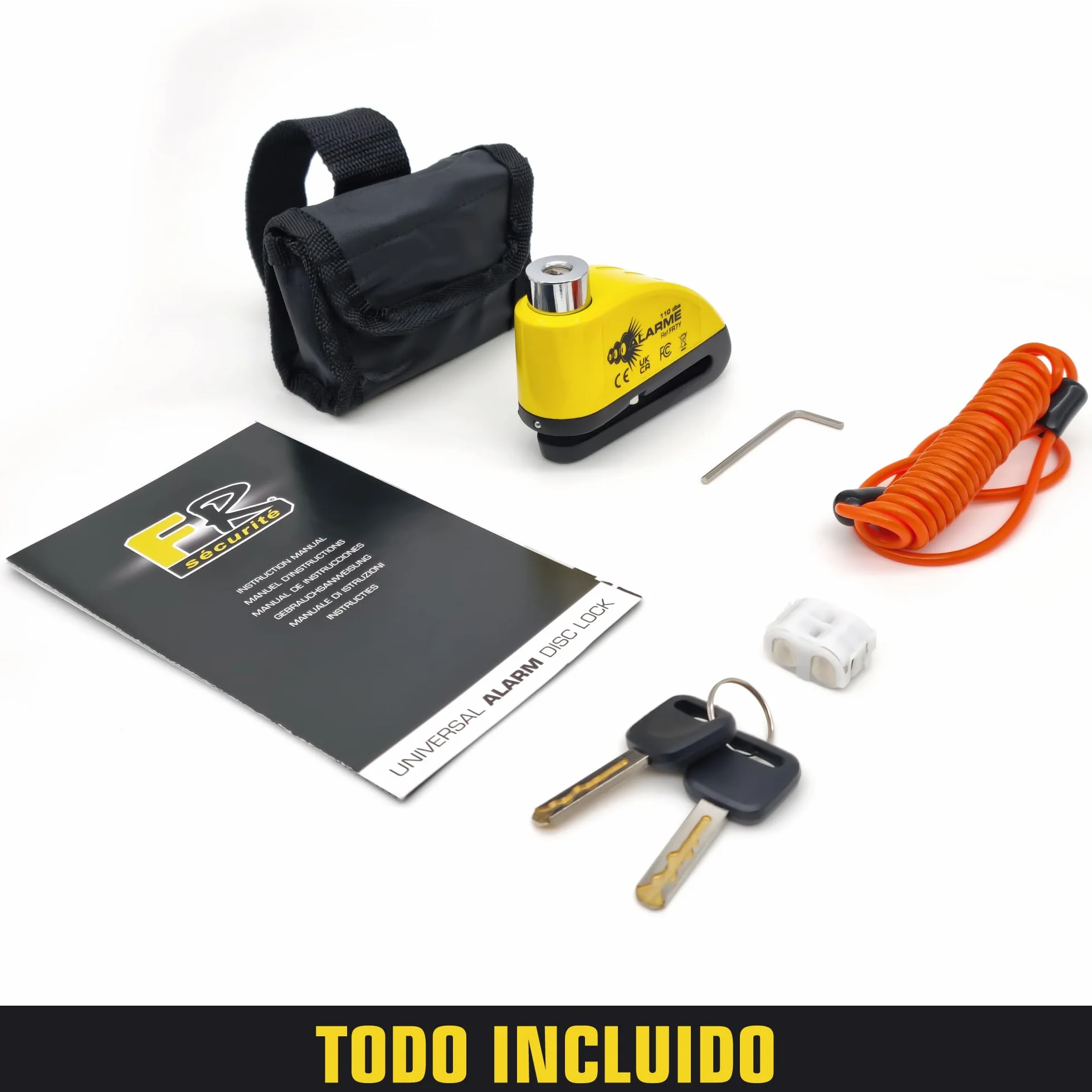 FR Sécurité FR7Y Candado Moto Disco con Alarma 110 DB, Antirrobo Moto Freno 7mm con Accesorios 1.5m Cable Recordatorio y Candado Bolsa, Pinza Moto Antirrobo para Motocicletas Bicicleta