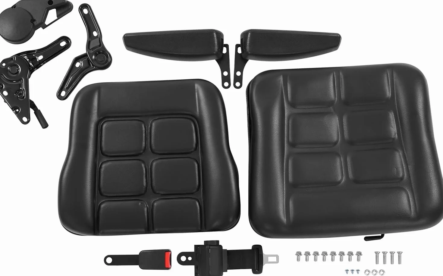 Asiento universal de repuesto, 28×23 cm Instalación de vías, Asiento de Tractor con vías, para carretilla elevadora con reposabrazos ajustables, construcción de PVC resistente, Exterior 48×46×51 cm