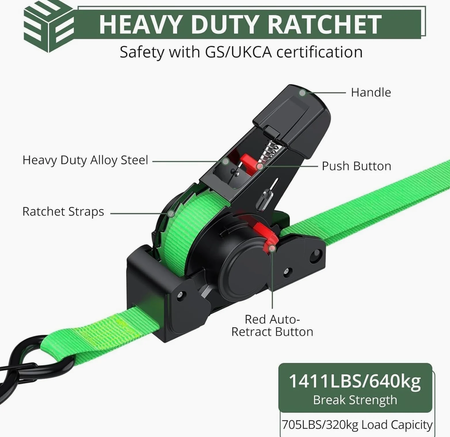 cinchas de Amarre Correas de Amarre con trinquete retráctiles (Paquete 4): Longitud 3,5 m, Resistencia a la Rotura 640 kg, Mecanismo retracción automática, Ganchos en S
