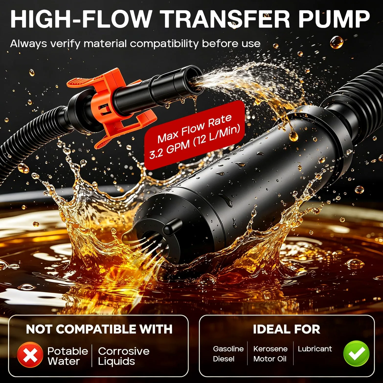 Bomba Combustible Eléctrica con Parada Auto 12L/min, Bomba Eléctrica de Transferencia de Combustible para Gasolina, Diésel y Aceite, Bomba Gasolina Bomba Gasoil para Coche Generador, con 3 Adaptadores