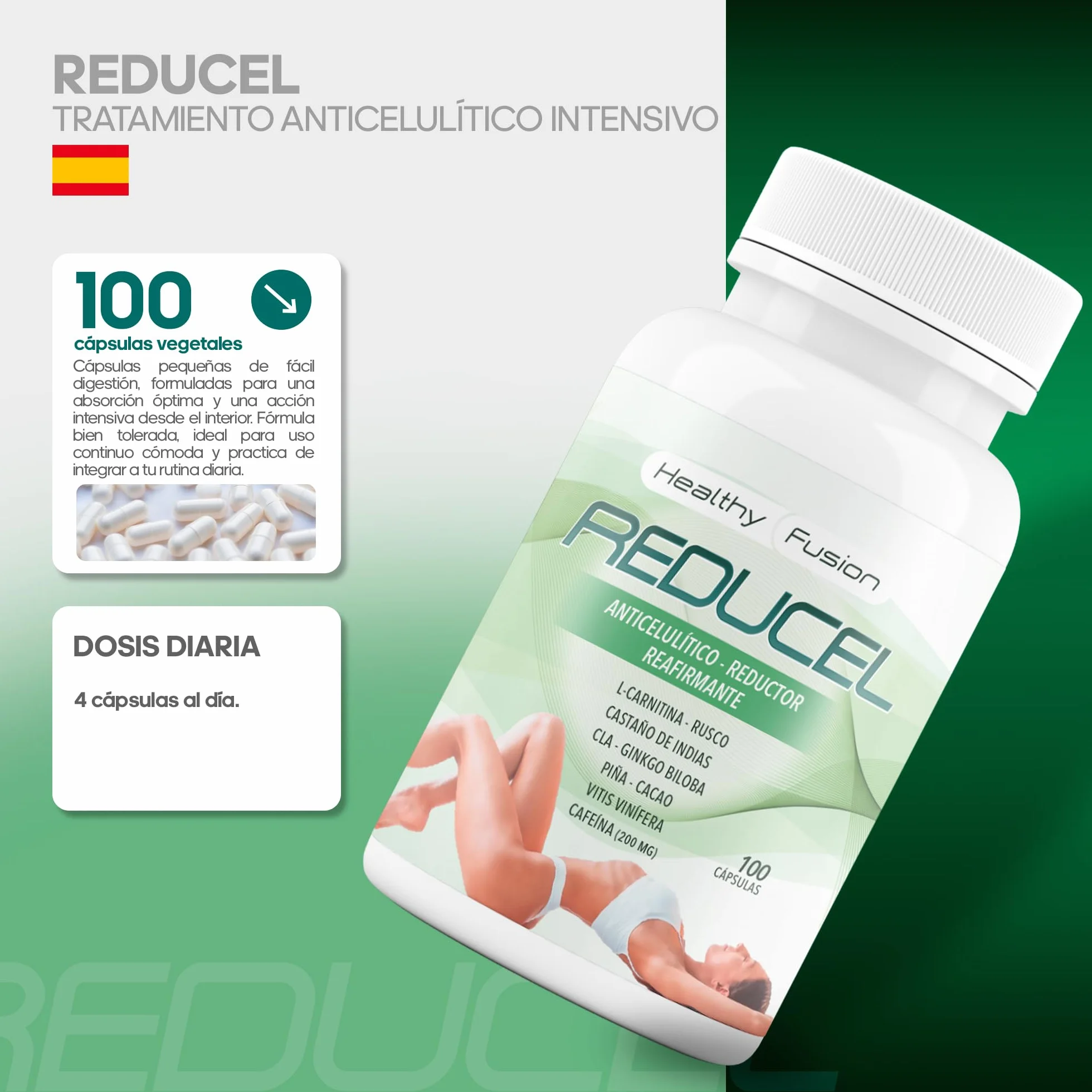 Reducel Potente Reafirmante Anticelulítico 100 Cápsulas L-Carnitina Cafeína CLA