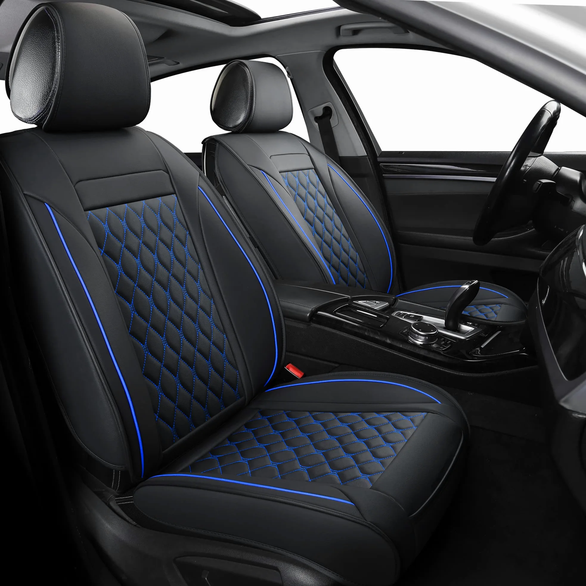 Juego Completo de Fundas de Asiento de Coche, Ajuste Universal para la mayoría de Coches, SUV, Fundas de cojín de Piel sintética para vehículos automotores (Juego Completo, Negro/Azul)
