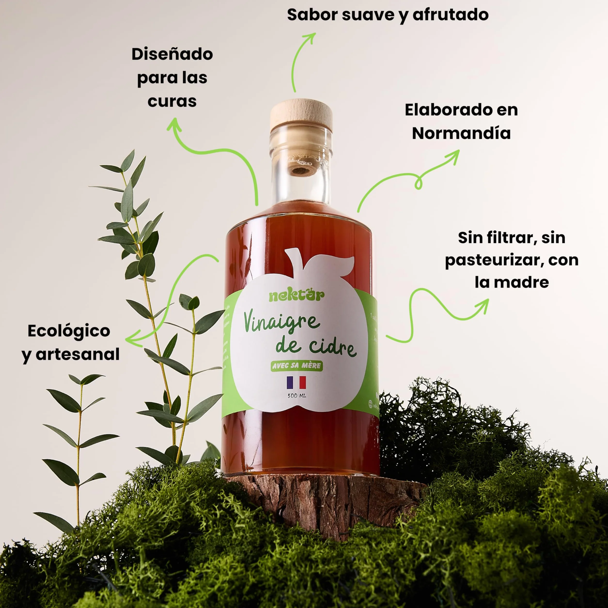 Vinagre de Sidra Orgánico Sin Pasteurizar Sin Filtrar con Madre 500 ml Hecho en Normandía