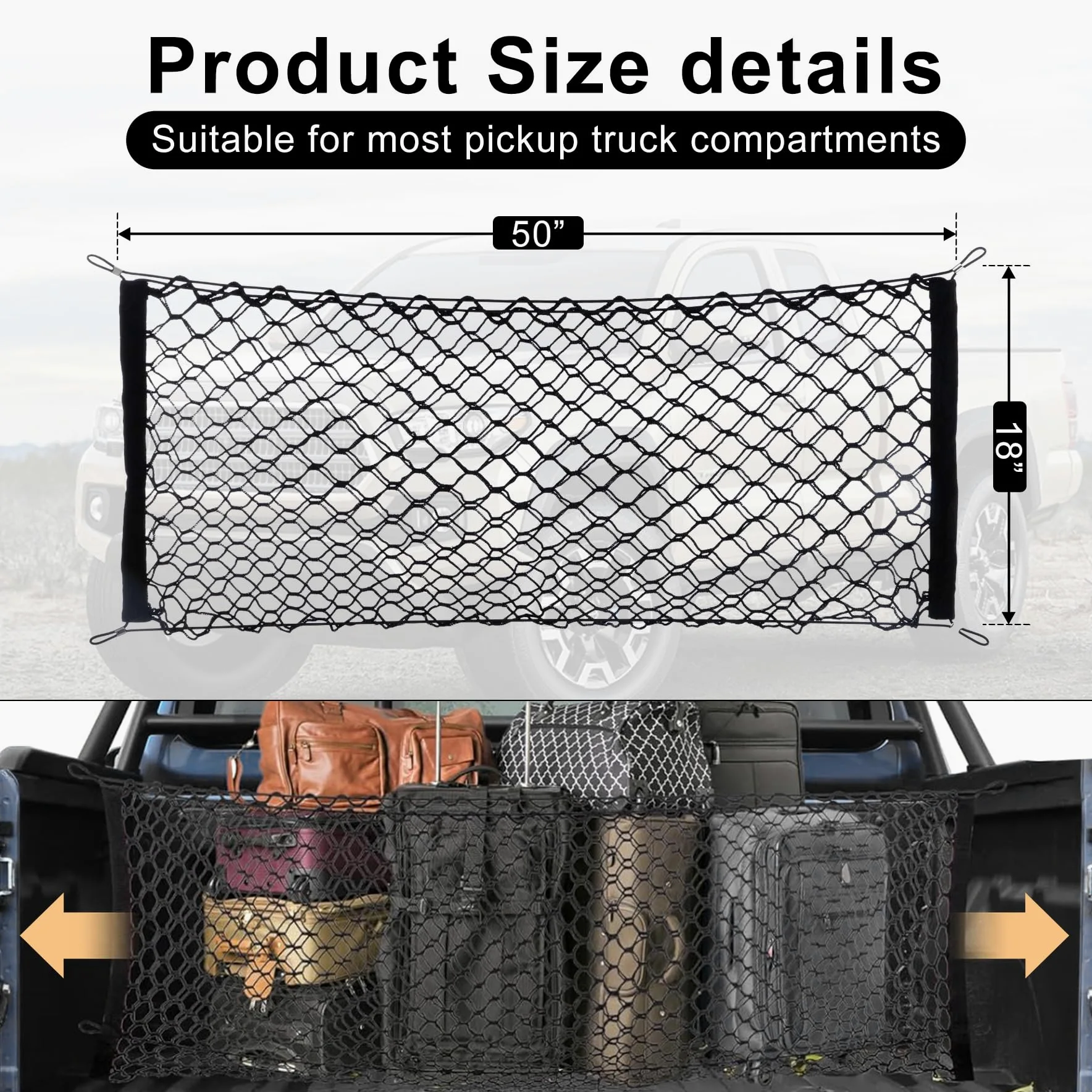 Amiss Red de Carga elástica para Caja de camioneta, Red de Almacenamiento Ajustable con Gancho, Accesorios para Divisor de Cama de camioneta, Organizador y Almacenamiento, Compatible con Chevy