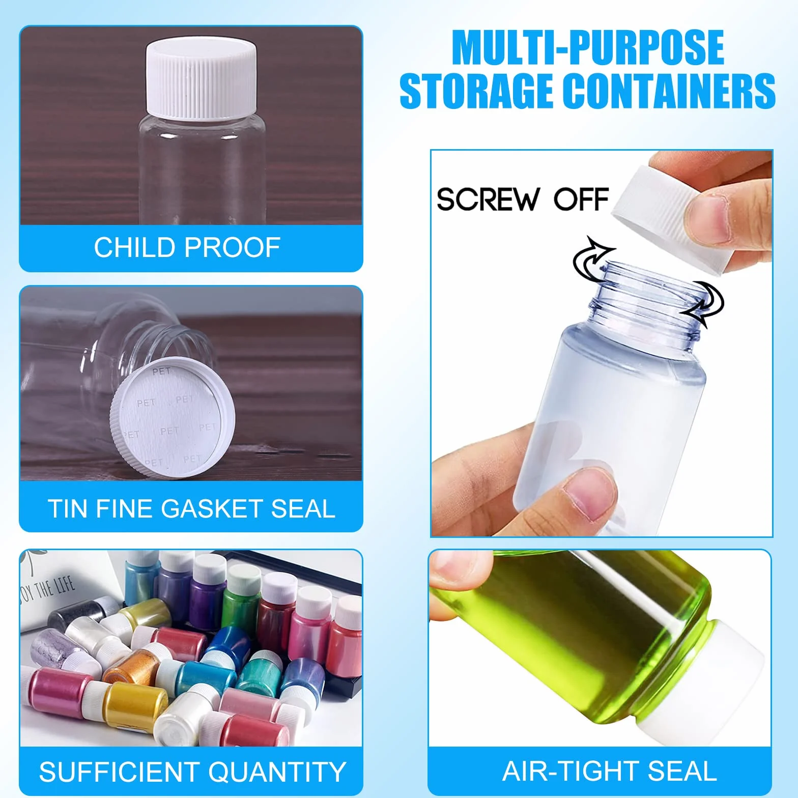 Botella Plastico Transparente 20ml con Tapón de Rosca para Cosméticos, Viajes, Champú, Loción