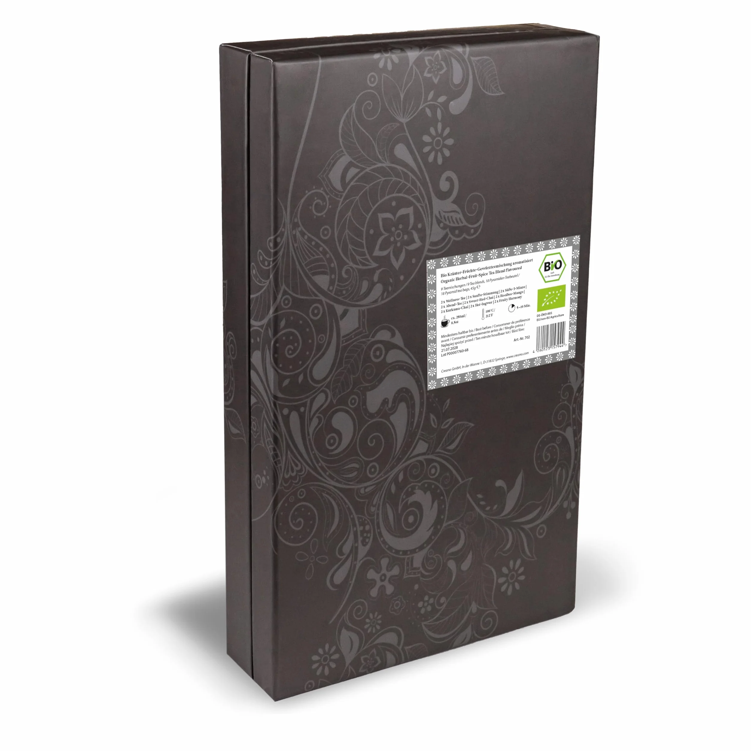 Creano Set de Regalo de Té Bio Infusión de Hierbas 18 Bolsitas Piramidales 9 Variedades Surtidas Sin Cafeína