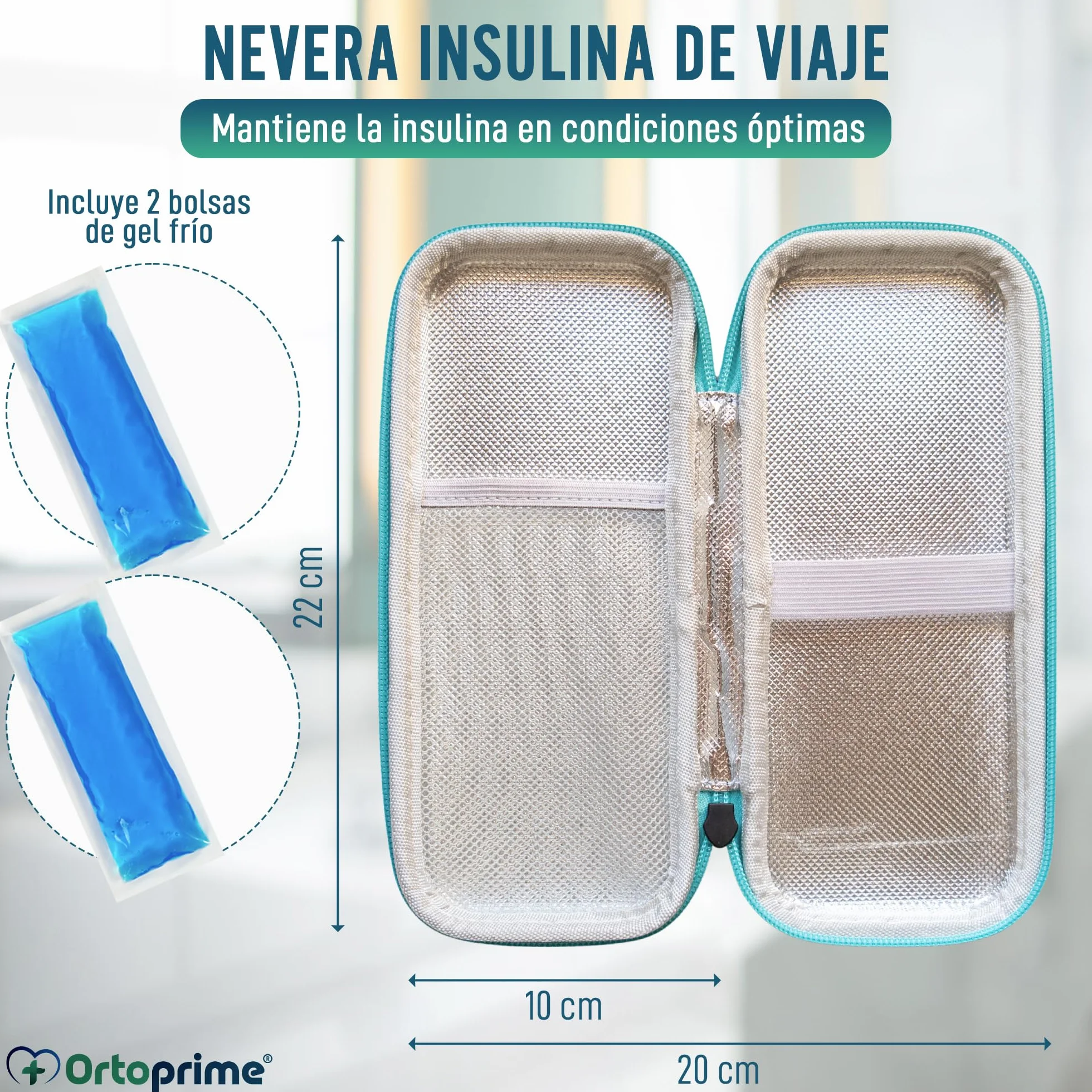 OrtoPrime Nevera para Insulina FRÍO X2 GELES INCLUIDOS Porta insulina Isotérmico 12H Viaje Portátil para DIABÉTICOS