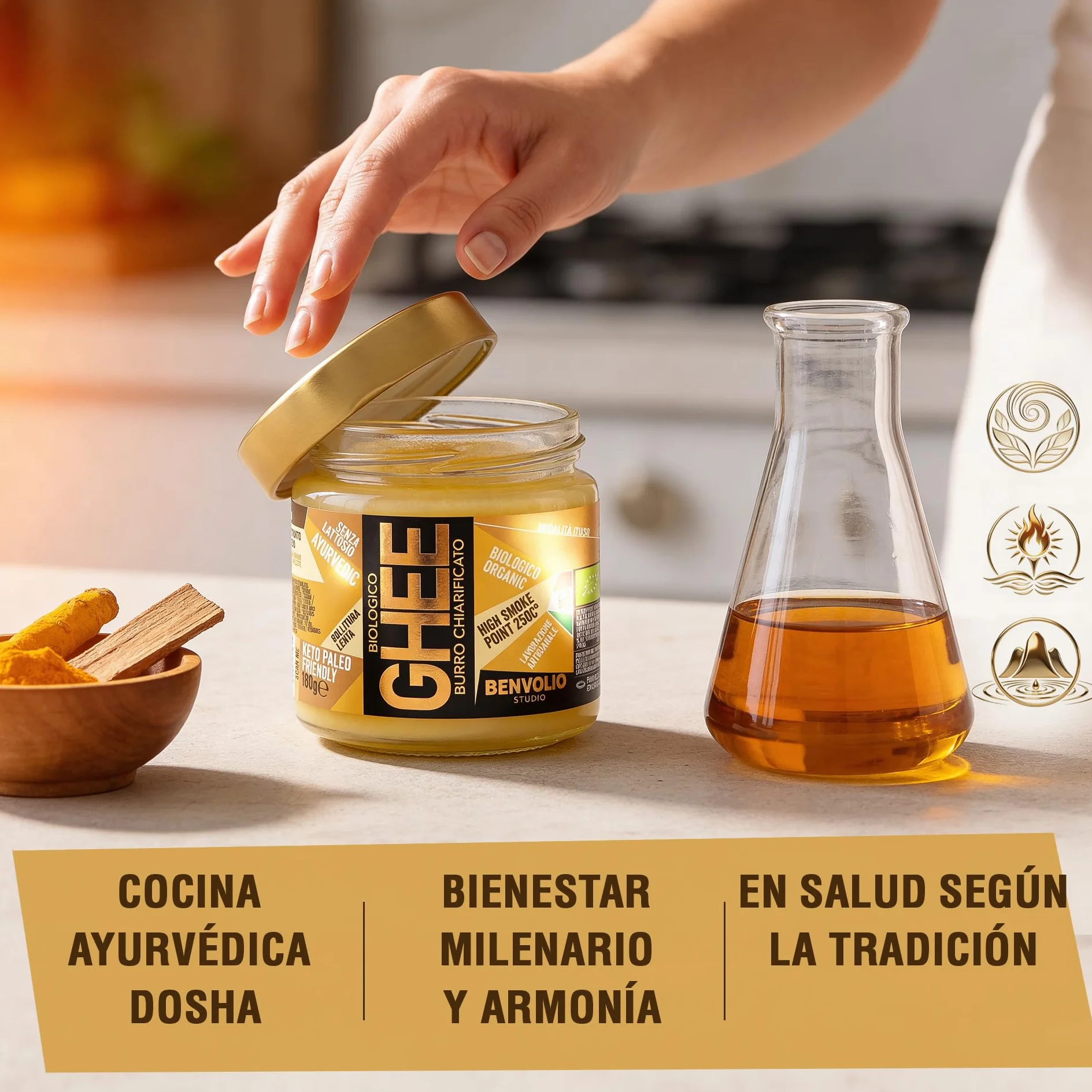 Benvolio Ghee Mantequilla Clarificada Ecológica 180g Italiana Sin Lactosa Alto Punto de Humo 250°C