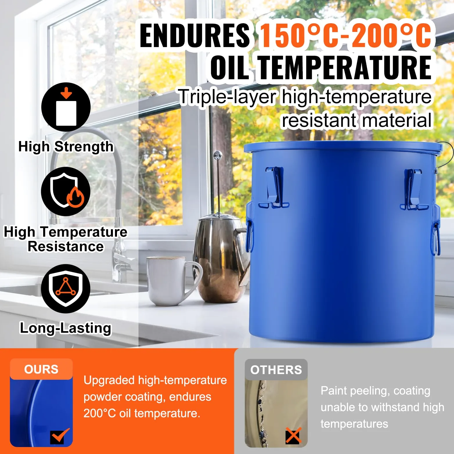 VEVOR Recolector de grasa y aceite usado 30L, Tambor de recolección de aceite para freidora de acero al carbono, Recipiente para aceite con tapa, Pinzas de bloqueo, Bolsa de filtro para cocina, Azul
