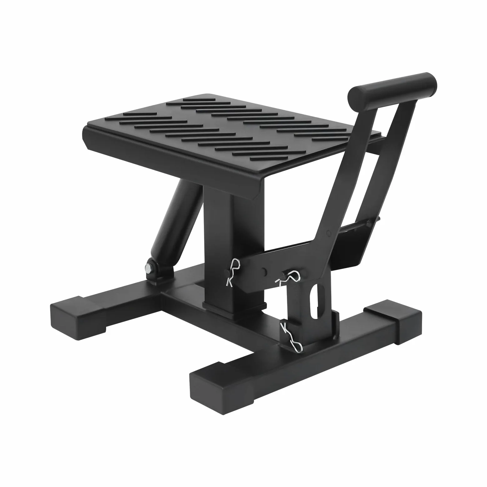 Elevador de motocicleta, rango de elevación de 25 a 34 cm, ancho de plataforma de 17 cm, capacidad de carga de 200 kg, soporte de motocicleta con 3 pernos de seguridad, plataforma elevadora de acero