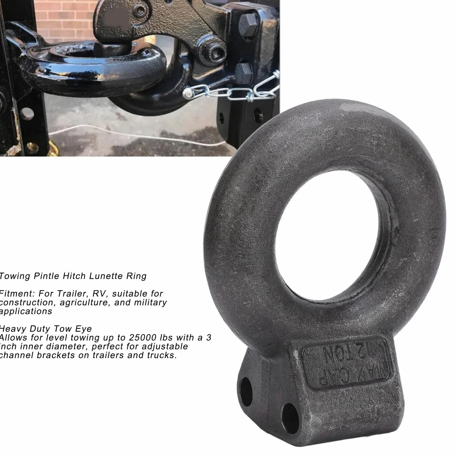 Anillo de Enganche Lunette 3 Pulgadas Diámetro Interior 12 Toneladas 25000 Libras para Remolques Caravanas Construcción Agricultura y Uso Compatible con Enganches Pintle