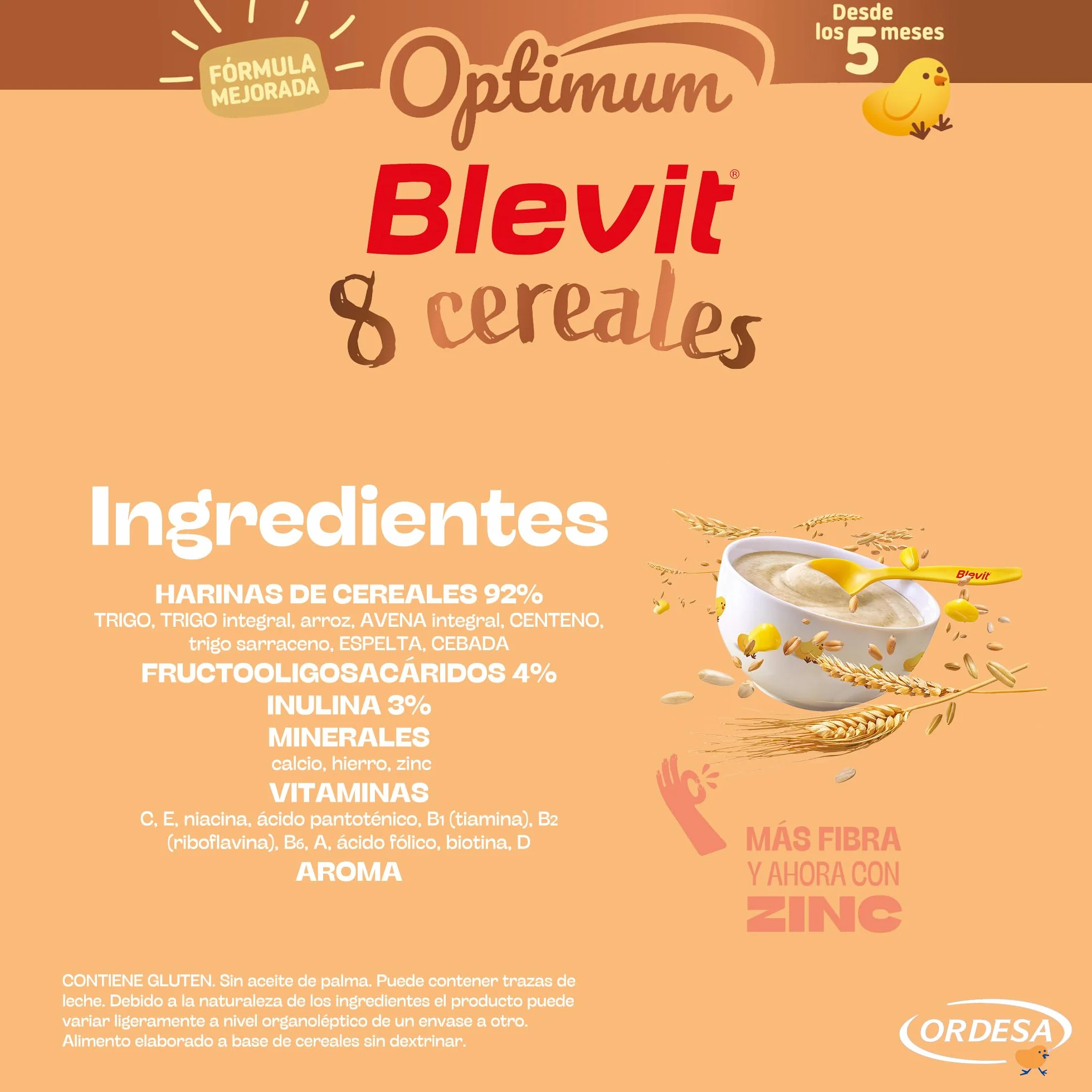 Blevit Optimum 8 Cereales 250g Papilla Bebé 5 meses 92% Cereales Vitaminas Minerales Fibra