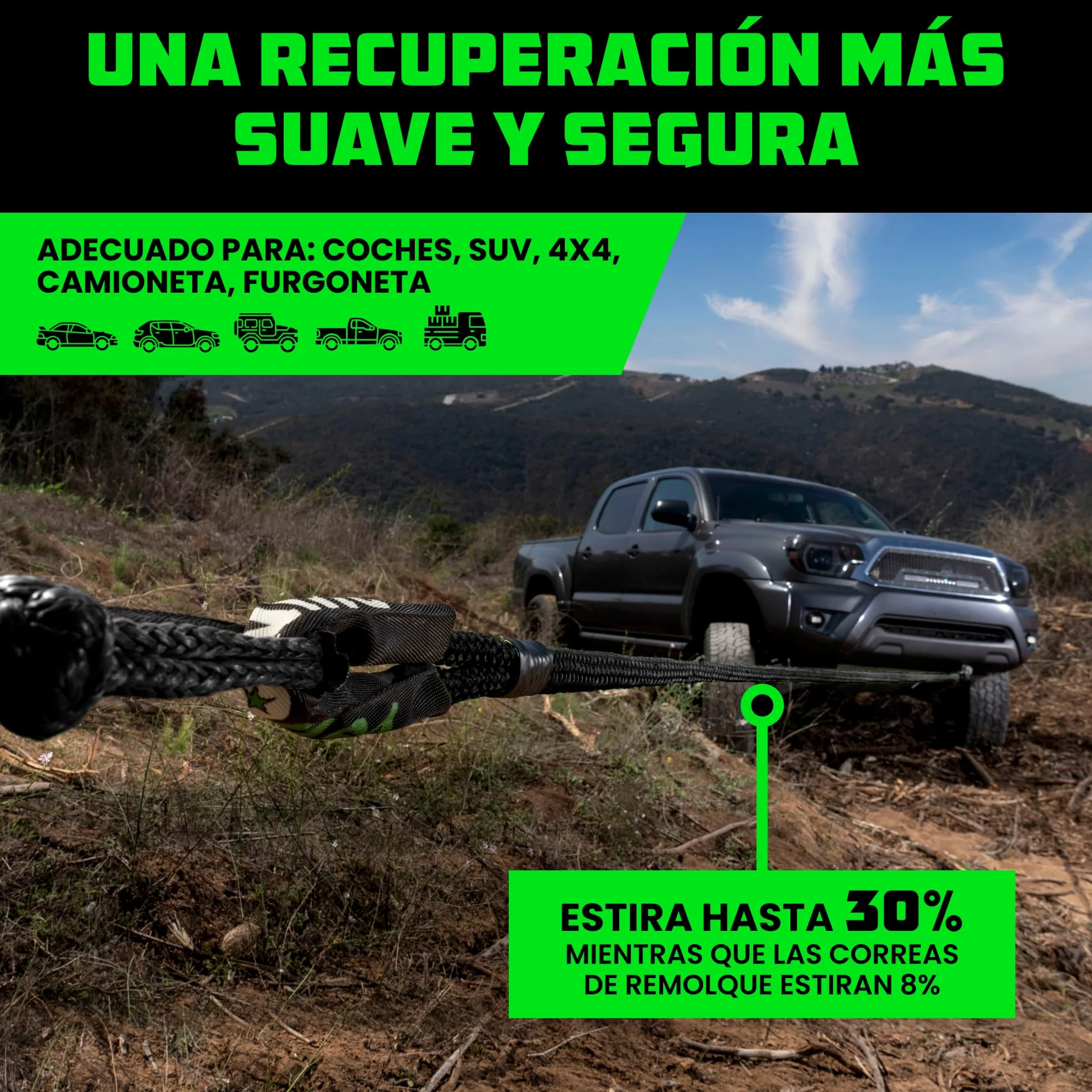 Rhino USA Cuerda Cinética para Remolque 13000kg - Cuerda de Remolque y Recuperación con 2X Grilletes - Correa de Rescate Todoterreno 2.2 cm x 9 m - para Todoterreno Quad UTV 4x4 - Negro