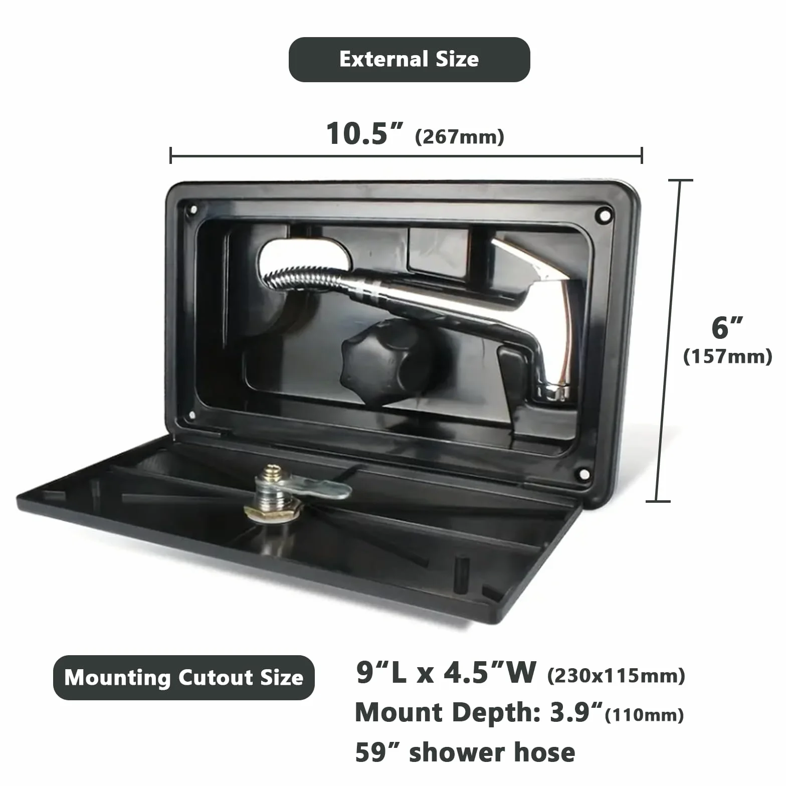 Kit de caja de ducha exterior para caravana, funda de grifo de ducha exterior con cerradura y llave para RV, autocaravanas, quinta rueda, cámper, remolque (negro)