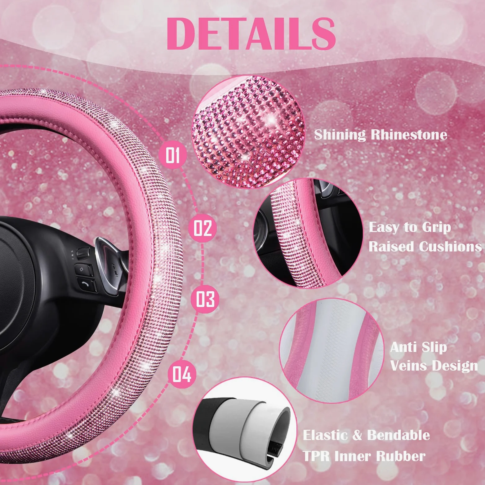 CAR PASS Juego de 24 accesorios de diamantes rosas para mujer, fundas de asiento de cuero, funda de volante de 15 pulgadas, ganchos brillantes de diamantes de imitación, posavasos, bonitas