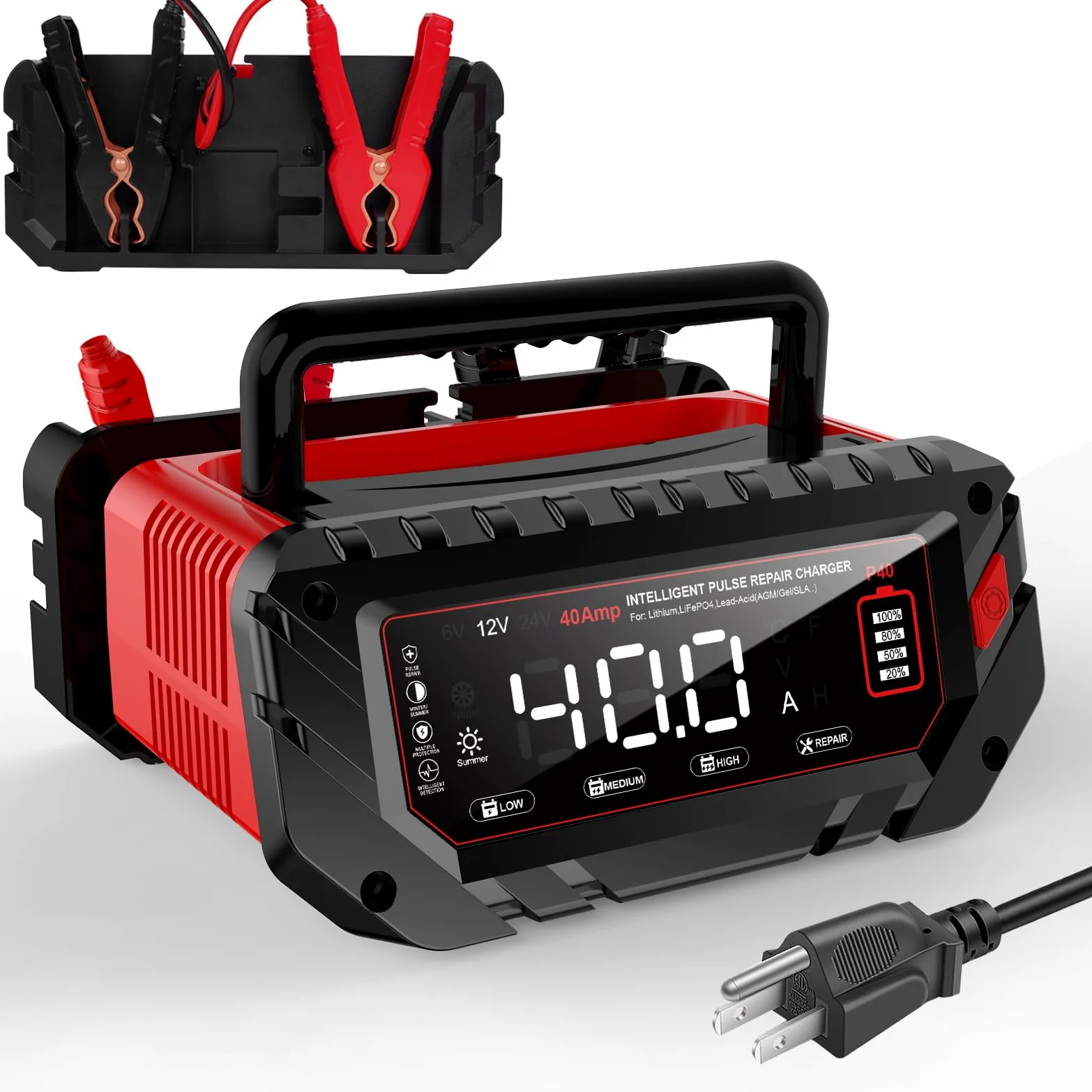 Cargador de batería de 40 amperios, cargador inteligente de goteo de 6 V/12 V/24 V, cargador de batería de coche, litio, Lifepo4, plomo ácido (AGM/Gel/SLA...) Mantenedor de batería, desulfurador, para