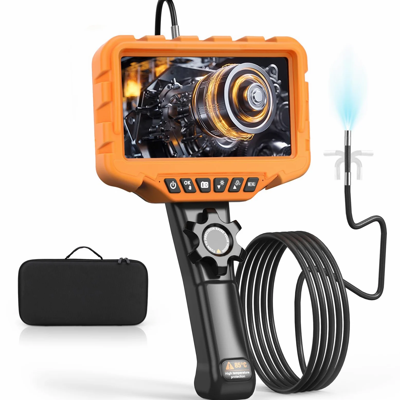Endoscopio Cámara de Inspección, 7'' IPS HD 1080P Cámara Endoscópica con Control de Rueda, Rotación Bidireccional 210°, boroscopio Industrial de 6.5 mm-1,6M