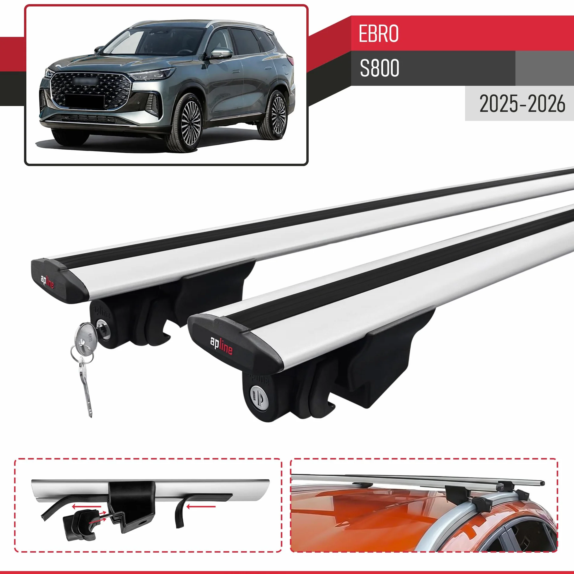 Compatible con Ebro S800 2025-2026 Modelo Hook Barra de Techo Auto Portaequipajes Barras Transversales Gris Aluminio 2 Barras