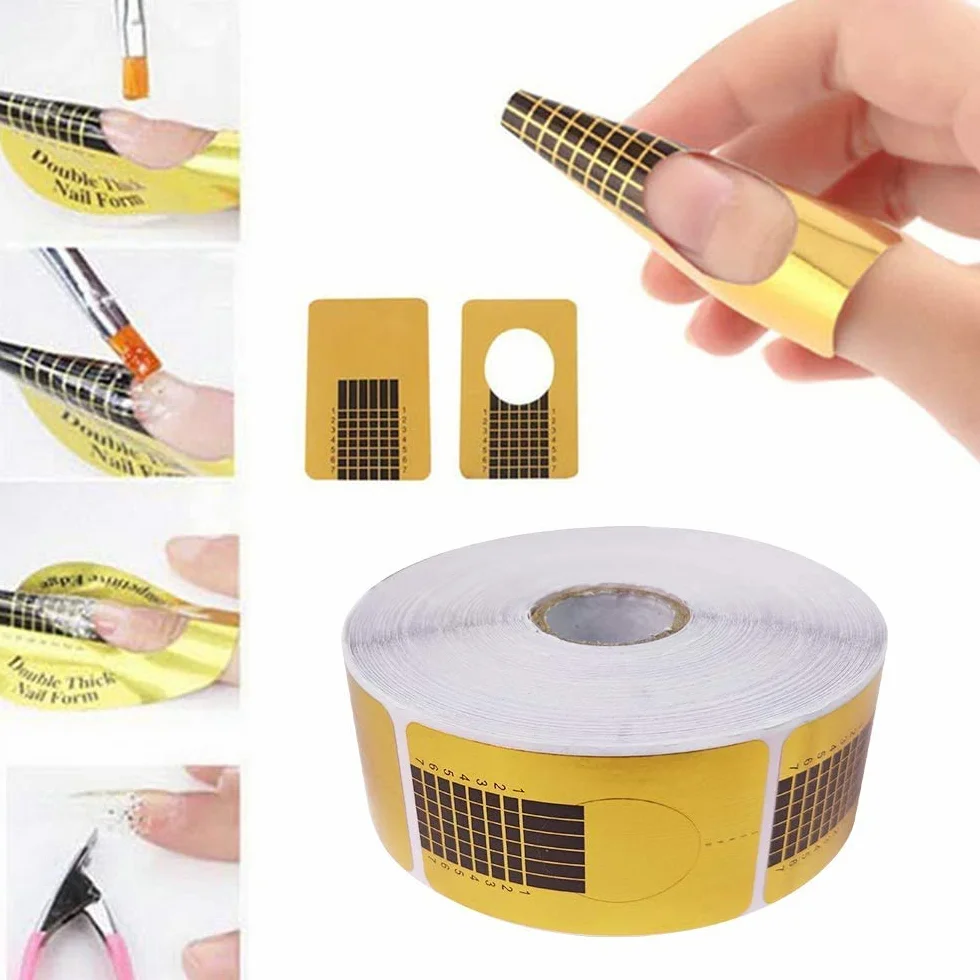 Plantillas de uñas autoadhesivas NC 1 rollo (500 piezas) - Plantillas de modelado para uñas de gel y acrílico - Arte de uñas extensión oro