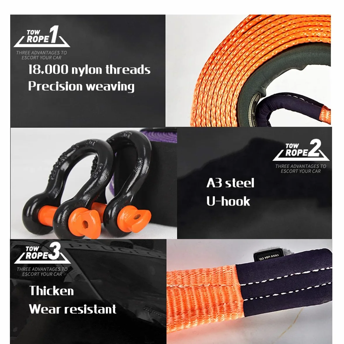 Cuerda de Remolque,Cuerdas de Remolque de 6M,Cuerda de Tracción de Automóvil de Nylon de Alta Resistencia,Con 2 Ganchos de Seguridad/a/6M/15T