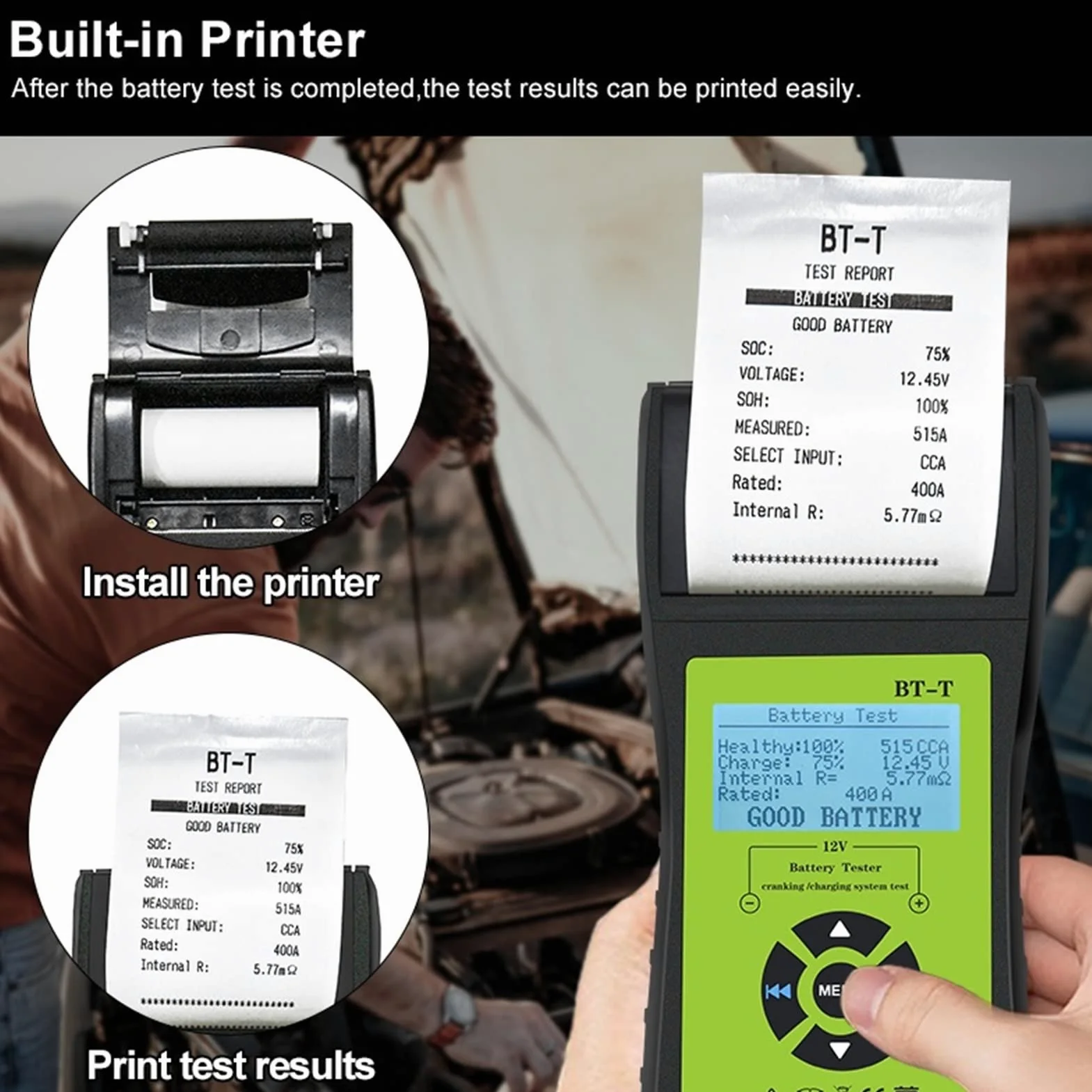 Comprobador de Baterias, Bt-t Analizador del sistema de batería de la batería del automóvil con la impresora Multilenguage Sistema de energía automotriz medidor de diagnóstico