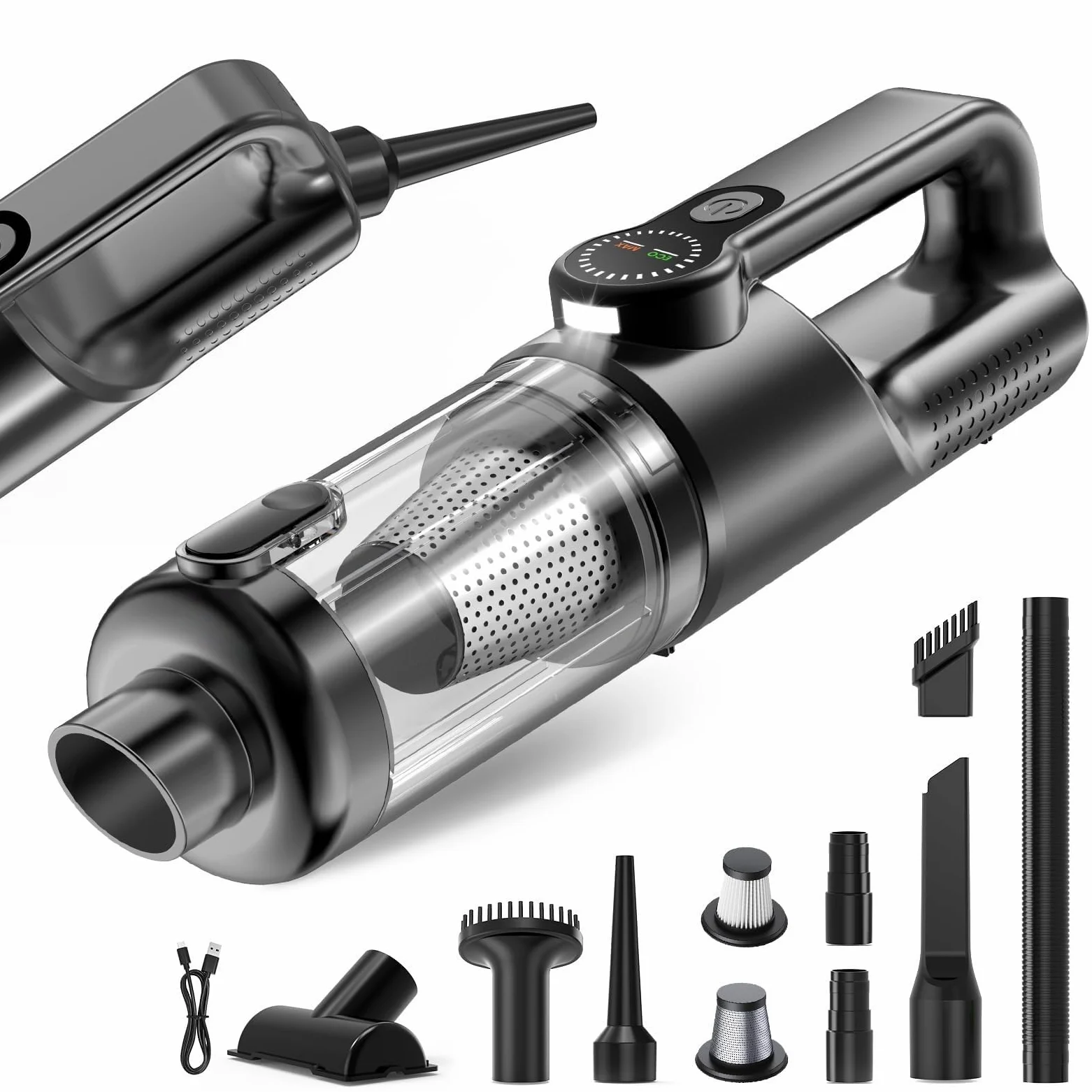 2 En 1 Aspirador de Mano Potente y Soplador Aire Comprimido, 17000Pa Aspiradora sin Cable Coche, Descarga de Polvo Automática con un Toque, 2 Niveles, Ideal para Pelo de Mascotas, Coche, Hogar