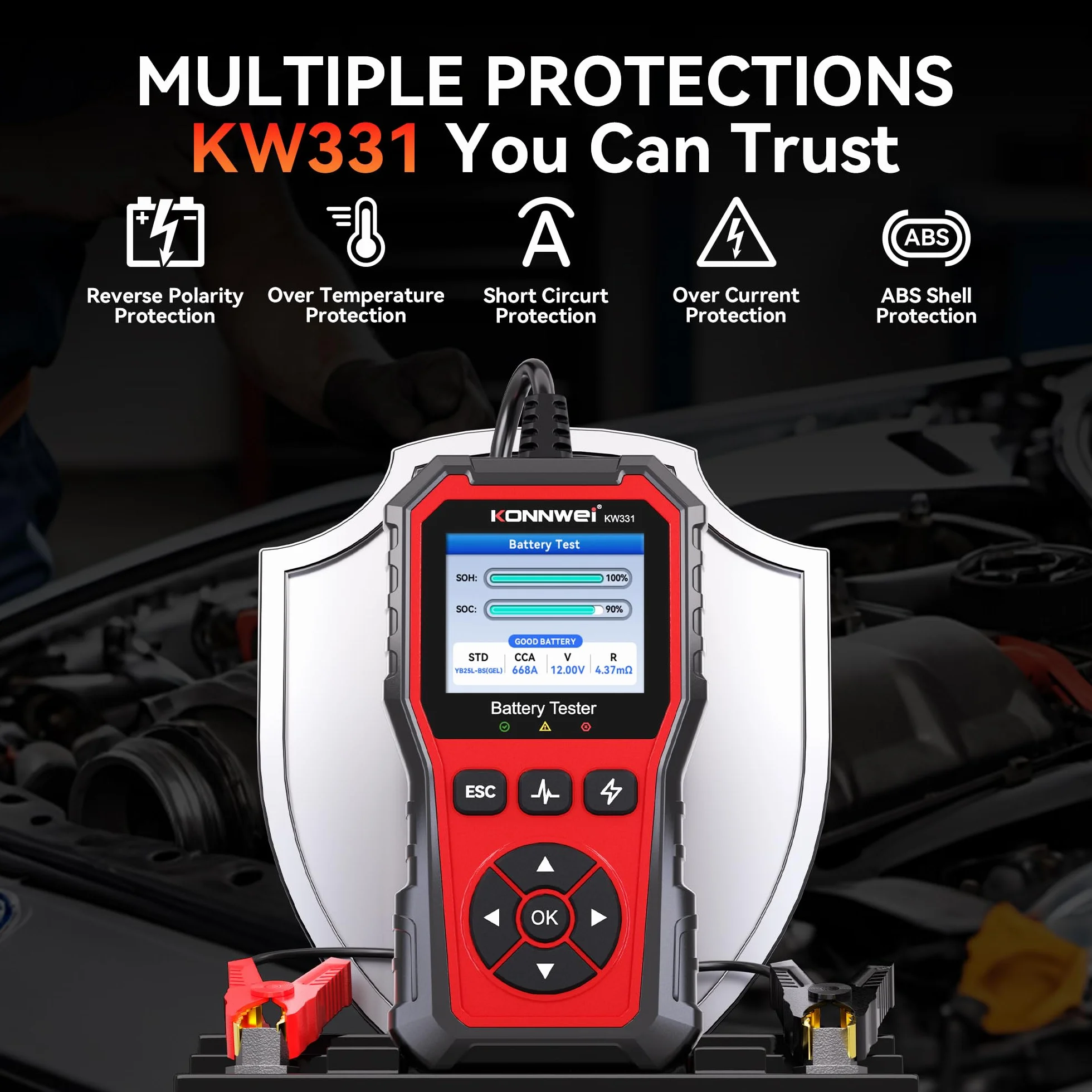 KONNWEI KW331 Comprobador de Baterías 6V 12V 24V 10-2000 CCA AGM Litio Gel Analizador Digital