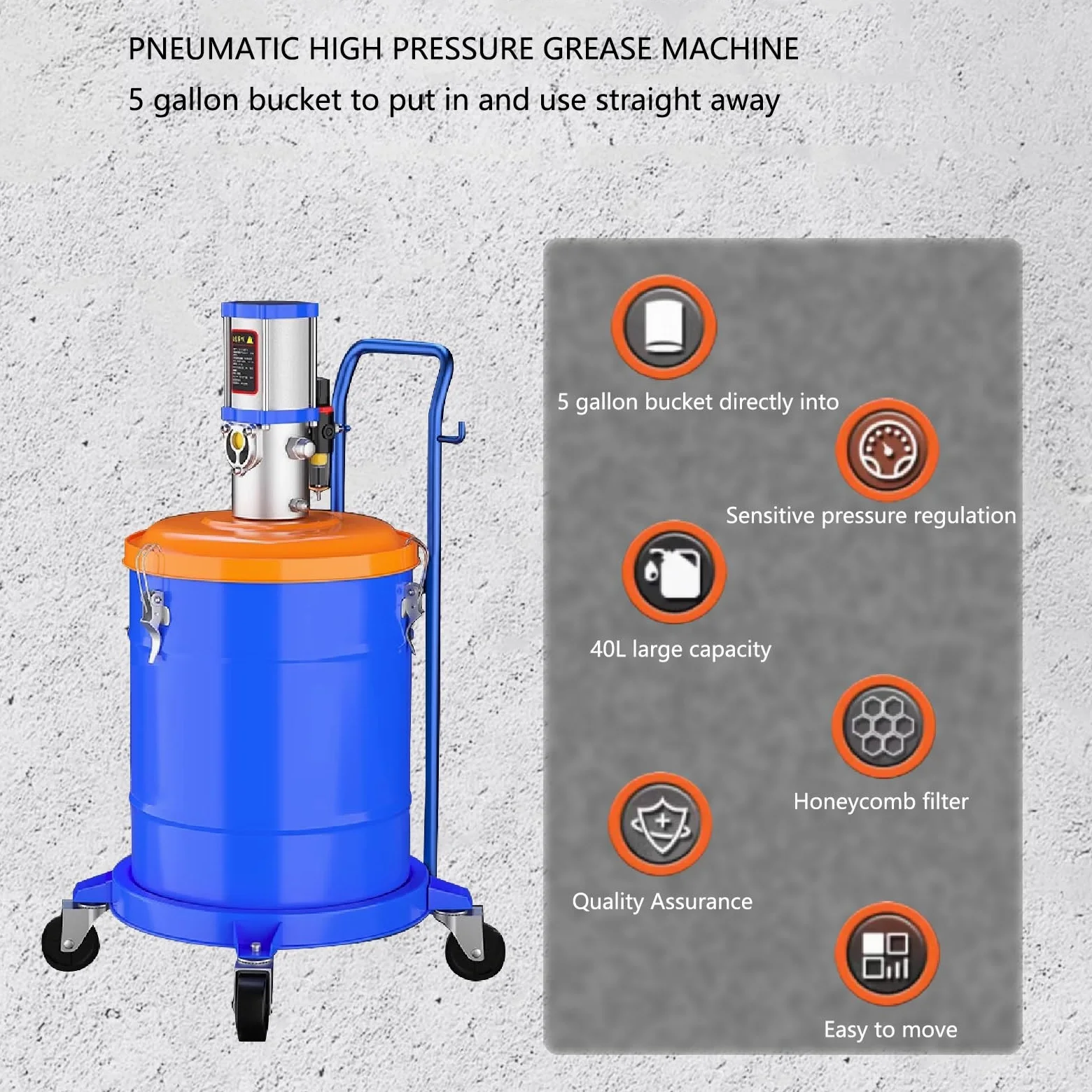 Bomba de grasa neumática con regulador de presión para tambores de 5 galones, relación de presión 70:1, ideal para máquinas herramientas y engrasado de equipos automotrices