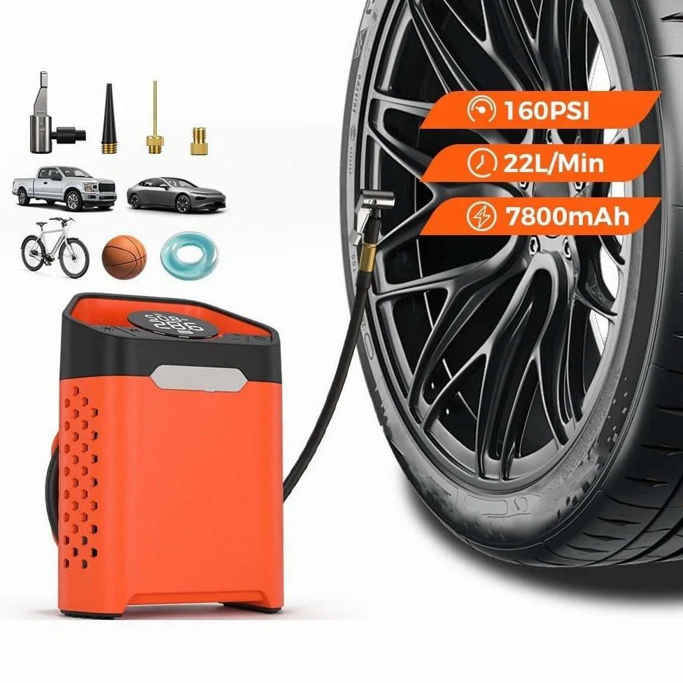 Inflador Ruedas Coche Compresor portátil para Coche, Inflador de neumáticos de Coche de 160 PSI, 7800mAh, para Coches, Motocicletas, Bicicletas, Bolas Compresores de Aire portátiles(Orange)