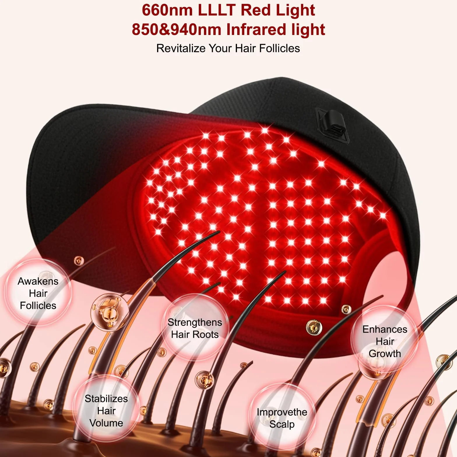 Gorra láser LLLT para crecimiento del cabello – Luz roja e infrarroja 660/850/940 nm, 5 niveles, temporizador