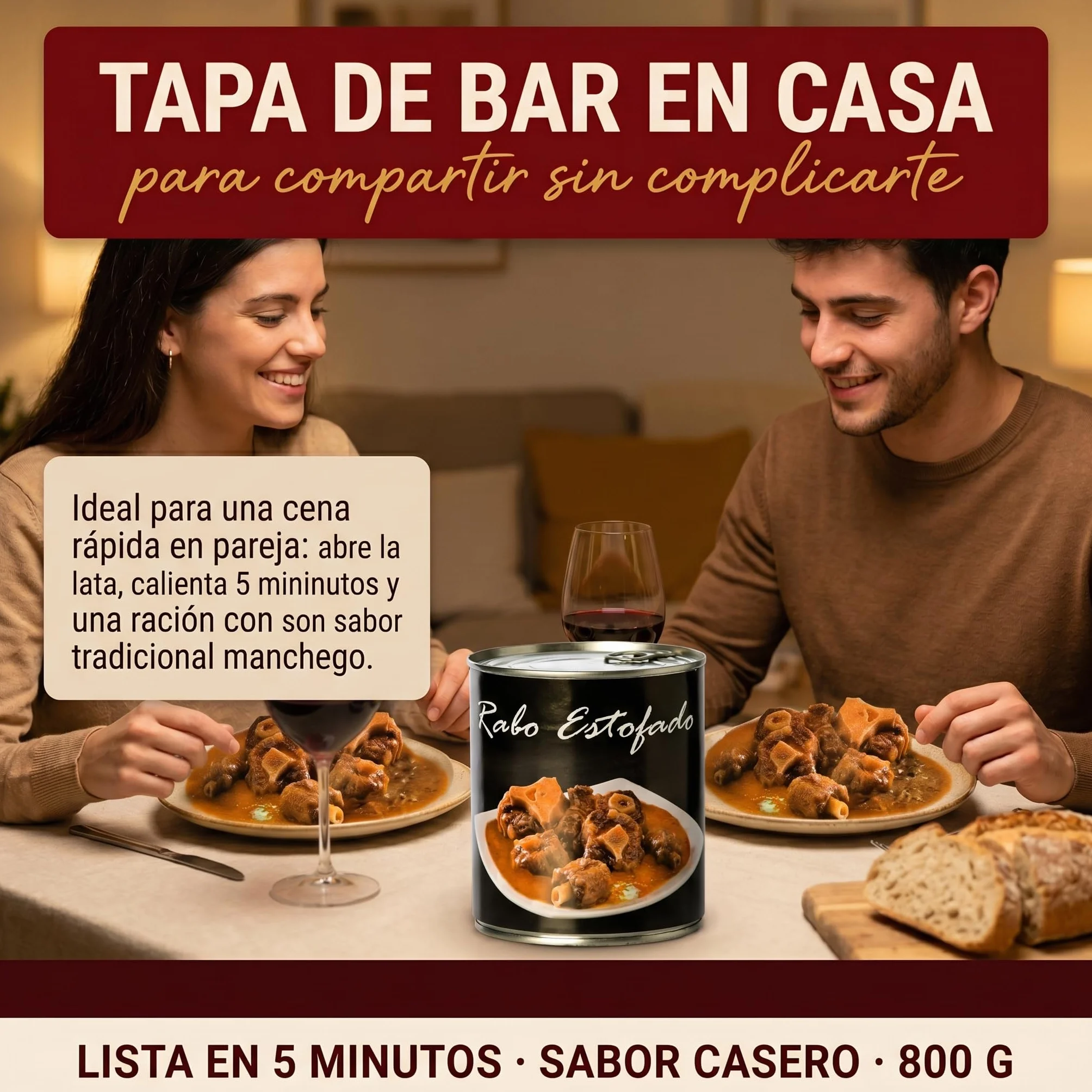 POLGRI Rabo de Vacuno Estofado 800g Receta Manchega Artesana 45% Carne Listo para Calentar Gourmet Español Plato Preparado