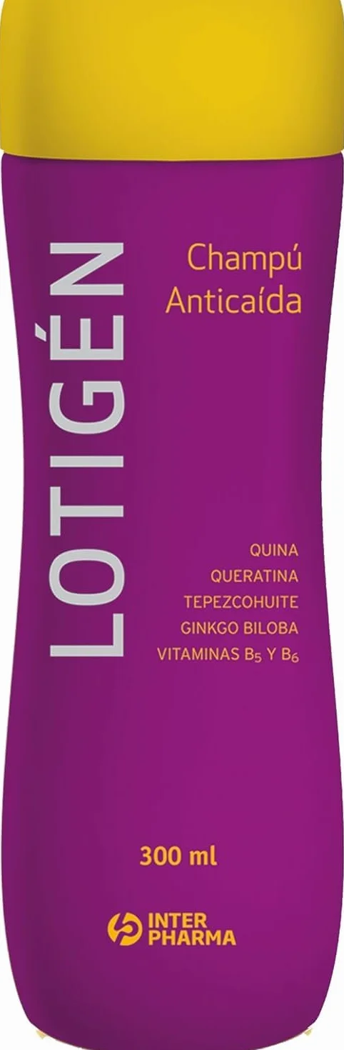 INTERPHARMA SA Lotigén Champú Anticaída 300 ml – Ginkgo Biloba, Quina, Tepezcohuite, Vitaminas, Pantenol – Cuidado de Cabello Fino y Frágil